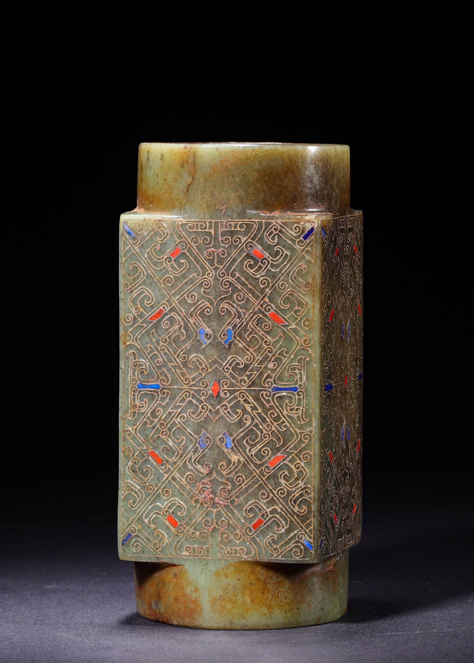 HETIAN GREEN JADE RECTANGULAR CONG WITH GOLD INLAY AND GEMSTONE INLAYS, HAN DYNASTY (202 BC?C220 AD): H 19cm (7.48 in); W 8cm (3.15 in); Wt 1431g (3.15 lb),Long-body cong carved from Hetian green jade with square exterior and circular interior, fitted with cylindrical collars at both ends. Symmetrical