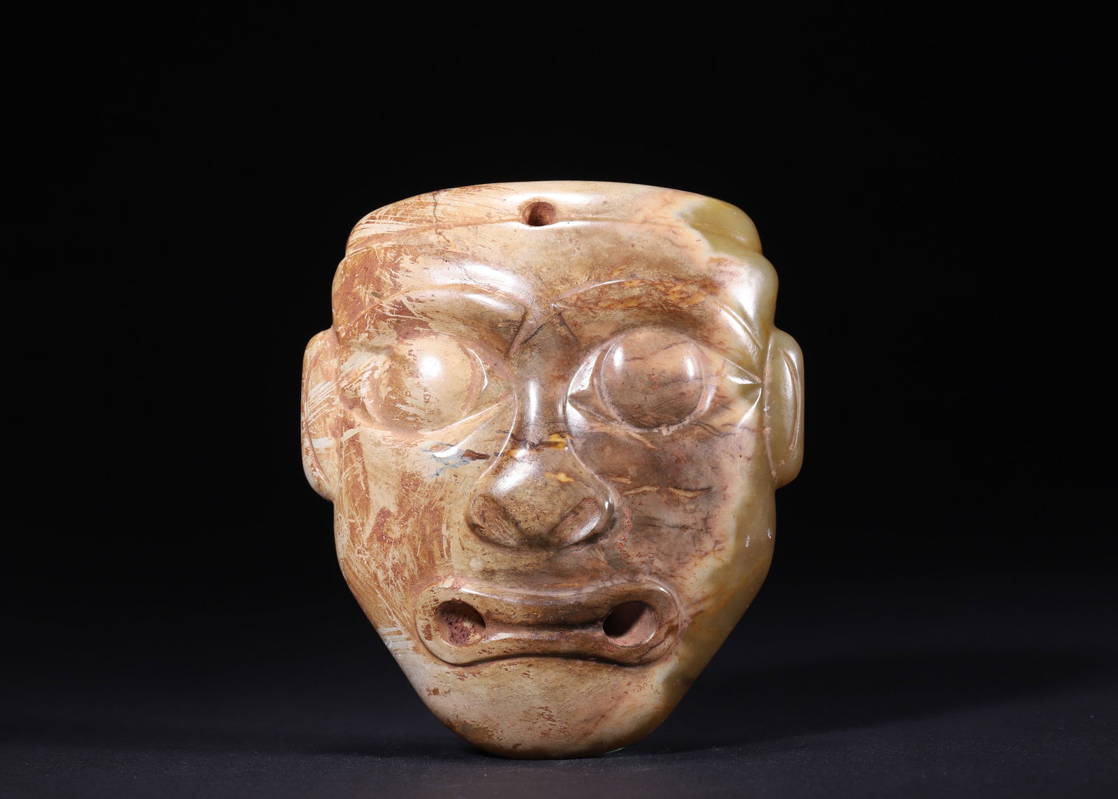 HONGSHAN CULTURE, 4700-2900 BC, CELADON-YELLOW HETIAN JADE HUMAN MASK PENDANT WITH BROWN BURIAL (1 of 8)