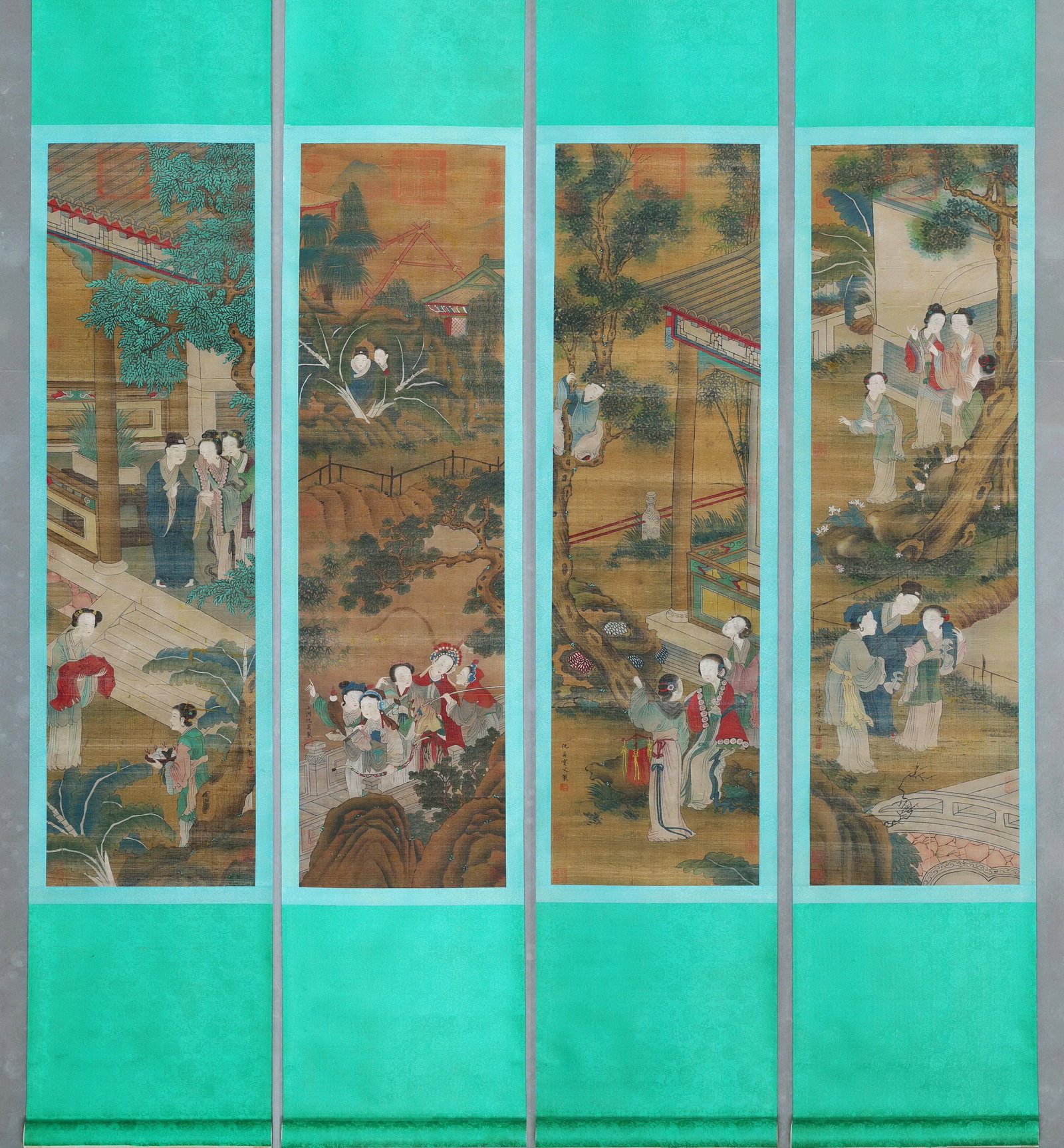 MING DYNASTY, QIU YING, FOUR CONNECTING SCREENS OF LADIES IN GARDEN SCENES, INK AND COLOUR ON SILK (1 of 10)