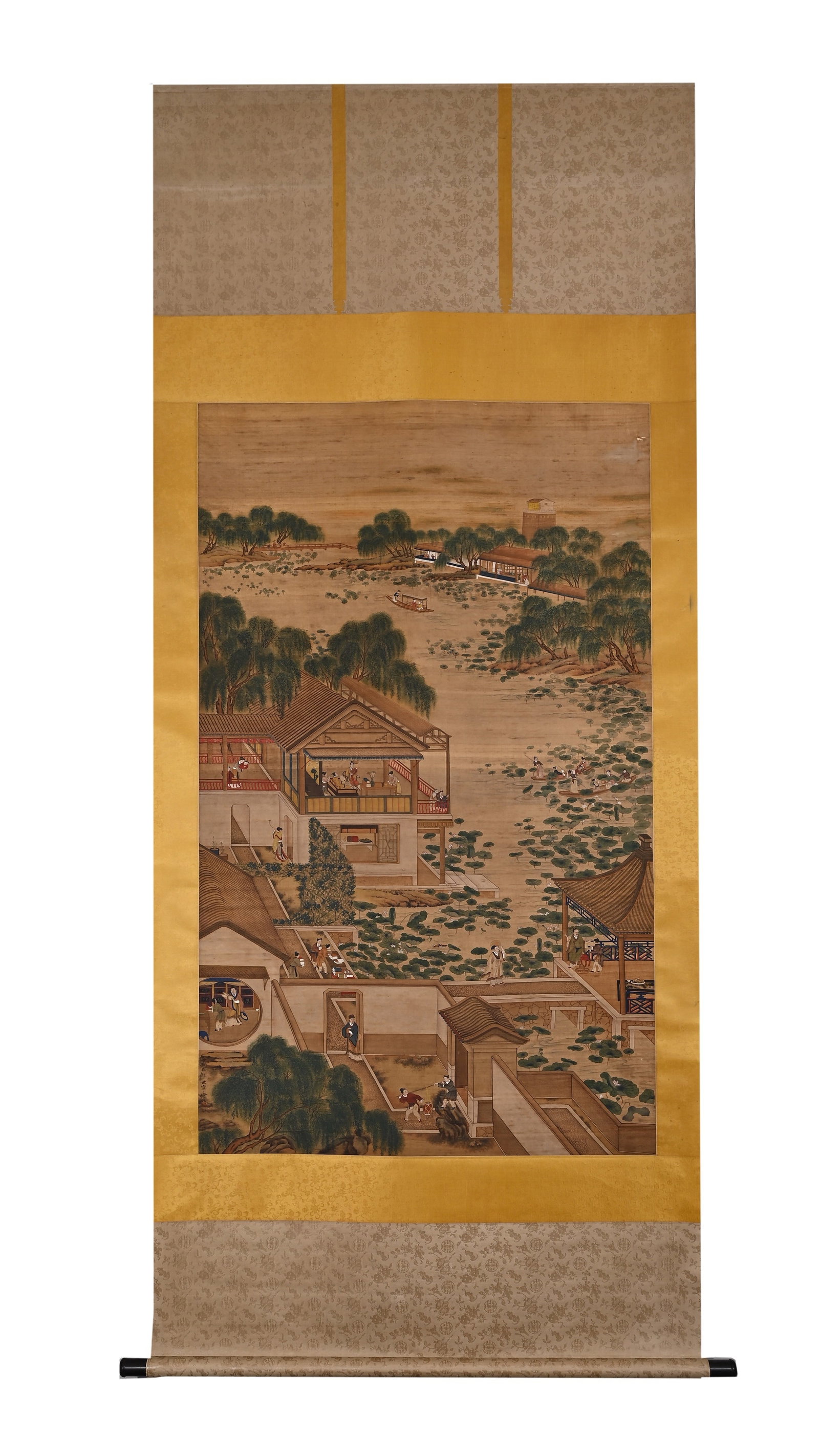 HANGING SCROLL OF SUMMER LEISURE BY LOTUS PAVILION, BY GIUSEPPE CASTIGLIONE, QING DYNASTY (1644-1912: Image H 157cm (61.81 in); Image W 92cm (36.22 in),Colour on silk hanging scroll, inscribed "Painted by Minister Giuseppe Castiglione from the West Sea??. Depicts a waterside garden in summer, with spr