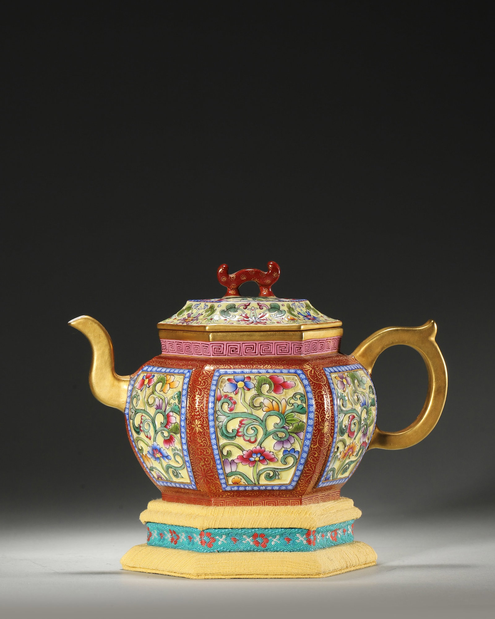 CARVED FAMILLE ROSE HEXAGONAL TEAPOT WITH SCROLLING FLORALS, QIANLONG PERIOD, QING DYNASTY (1 of 8)