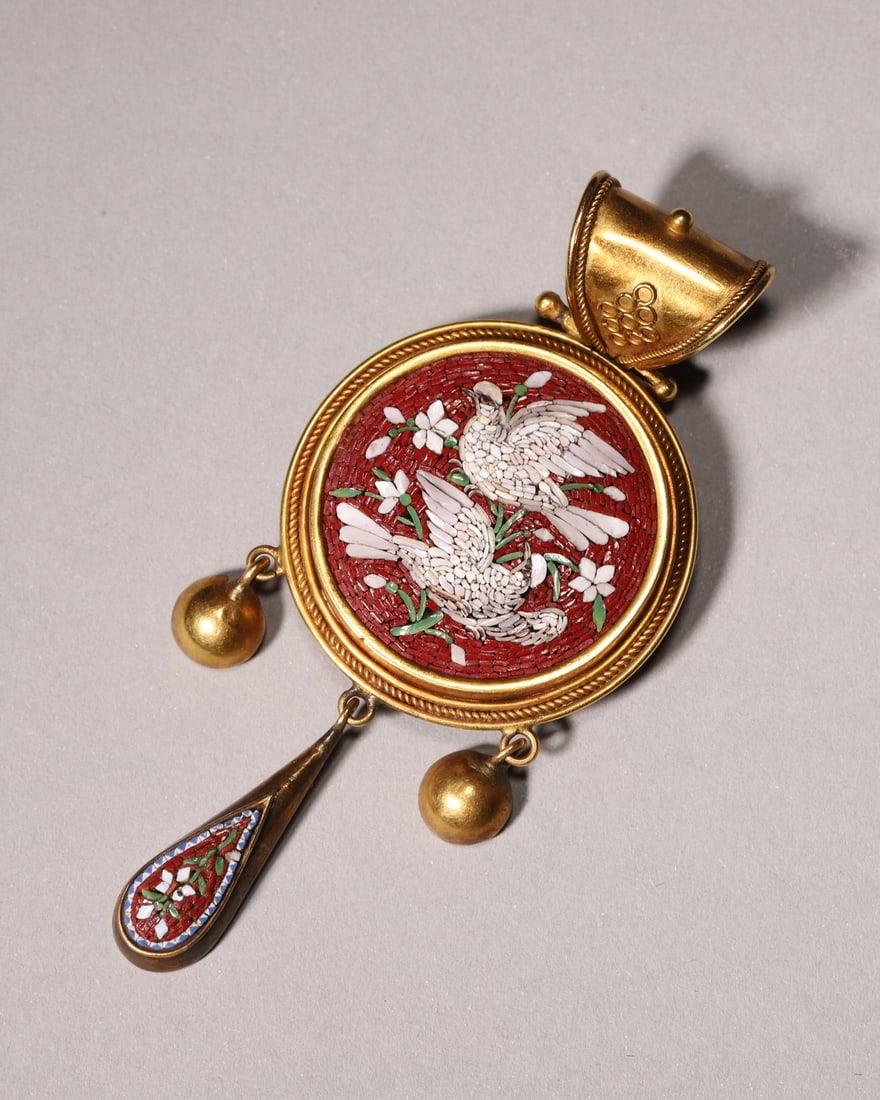 A K Gold Handcrafted Micro Mosaic Dove & Floral Tassel Pendant: L 6cm (2.36 in); W 2.7cm (1.06 in); Wt 14g (0.49 oz)This antique pendant is crafted of K gold with fine micro mosaic inlay. Its round plaque features two doves and blossoms against crimson background,