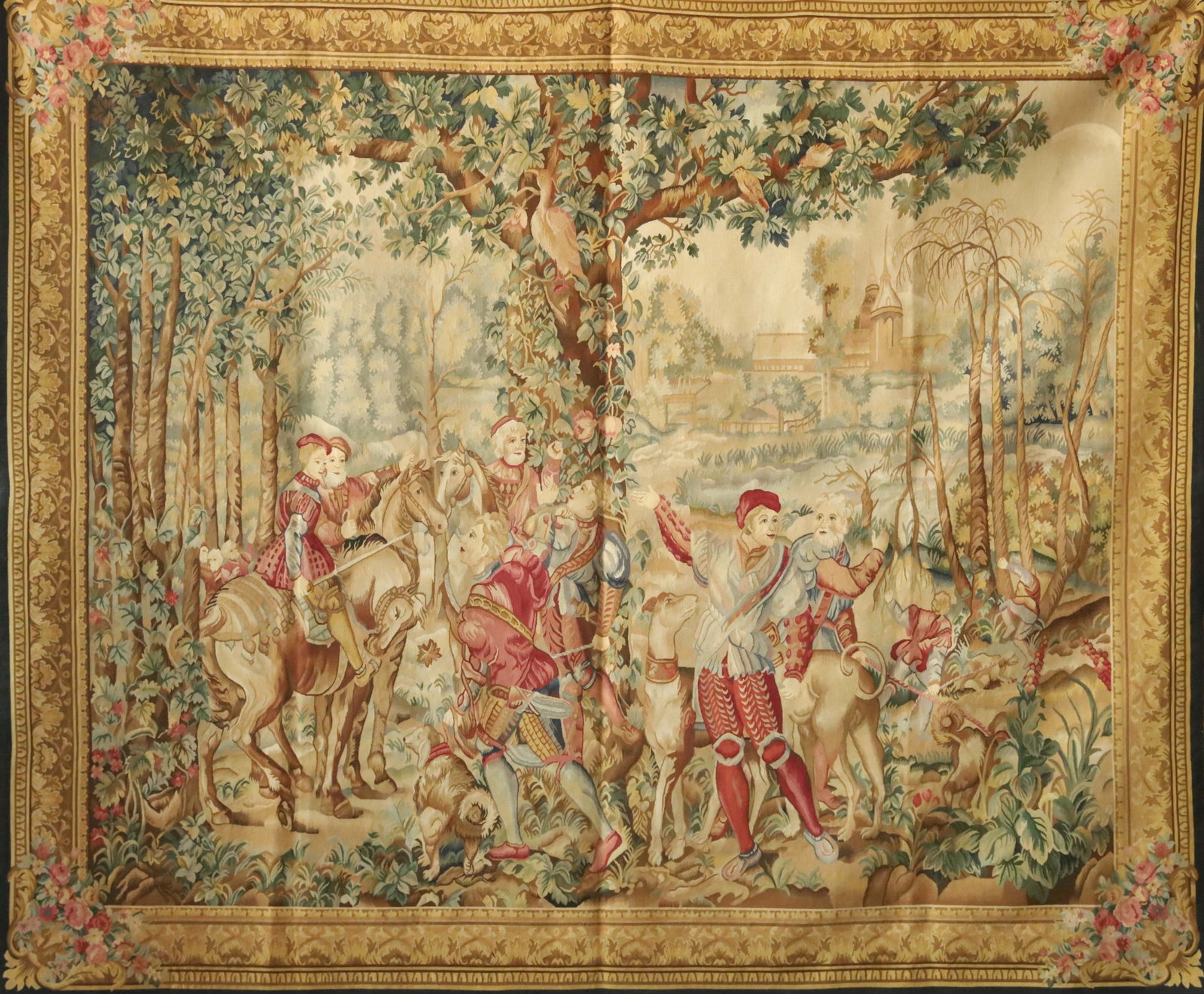 Tapestry: WOOL, 2.73 x 2.3 m (8.96 x 7.55 ft), Wt 5.5 kgFrench handmade Aubusson hunting themed tapestry reproduces the classic motif The Hunts of Maximilian. It depicts a noble forest hunt: elaborately attired