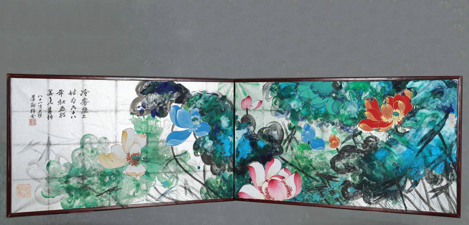 Two Fold Screen Of Splashed Colour Lotus, After Zhang Daqian, Modern Period (1912 1949): Image L 185cm (72.83 in) Image W 51cm (20.079 in)Two fold screen on silver ground, painted lotus pond in heavy splashed colour. Varied lotus blooms, expressive foliage, inscribed poem with seals, orig
