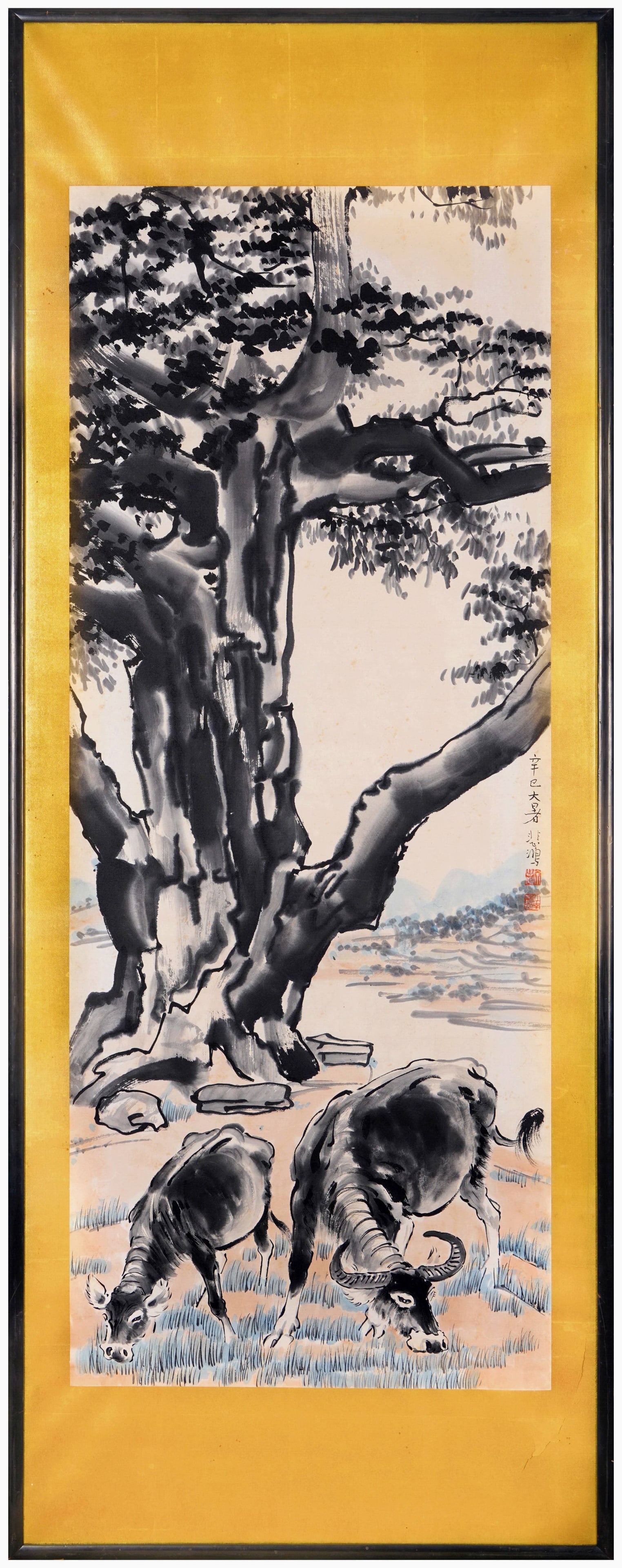 Two Buffaloes Under Old Tree,Modern China,1941: Frame L 152cm (59.84 in) Frame W 58cm (22.83 in); Image L 117cm (46.063 in) Image W 45cm (17.72 in)Framed work,ink and colour on paper.Dated 1941.Two grazing buffaloes beneath gnarled old tree.Integra