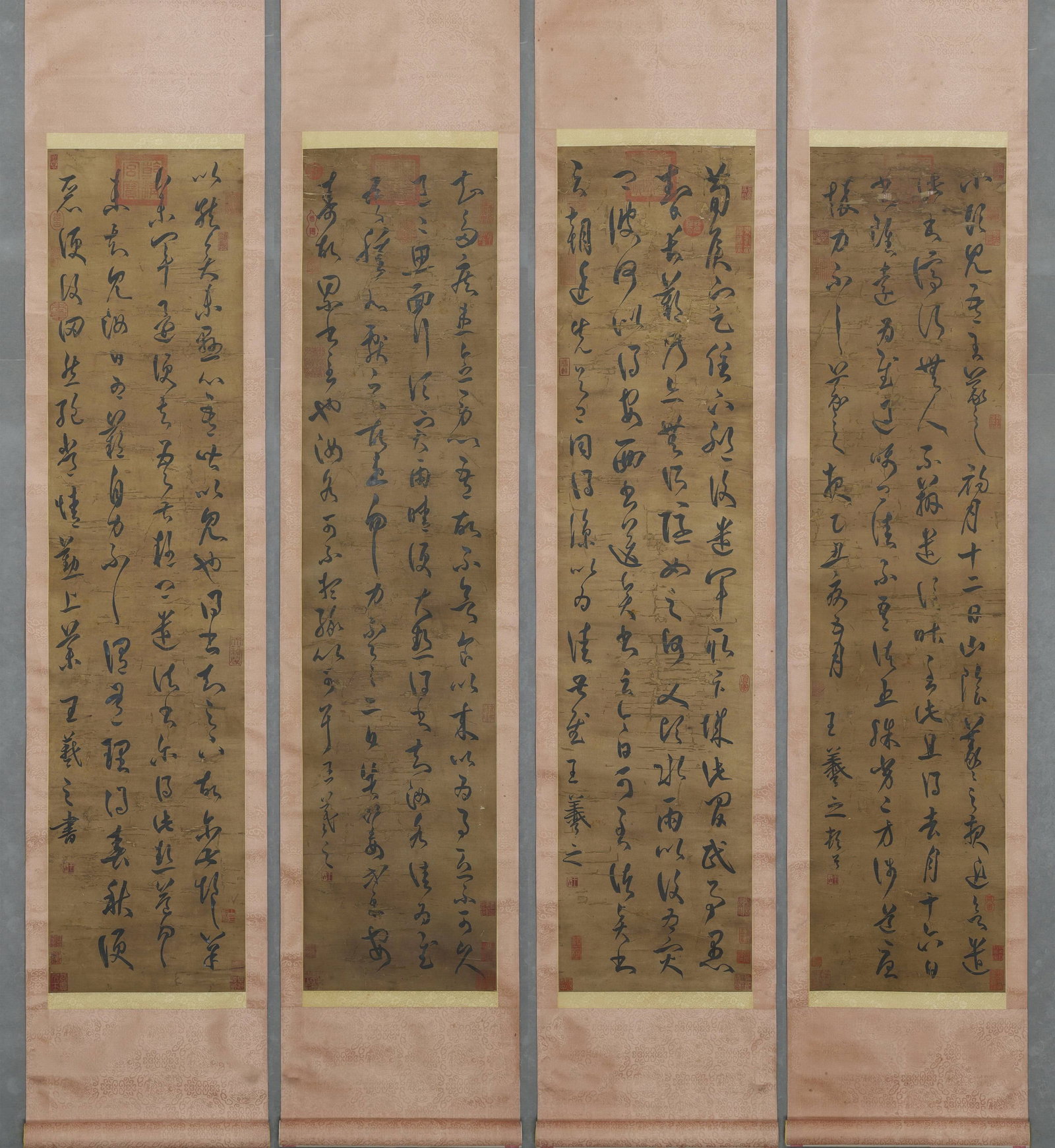 Four Panel Scroll Of Cursive Script, After Wang Xizhi, Eastern Jin Dynasty (317 420): Image L 135cm (53.15 in) Image W 32cm (12.598 in) (4 pieces)Silk four panel hanging scroll of cursive epistles. Vigorous brushwork, numerous collector seals, original silk mounting.