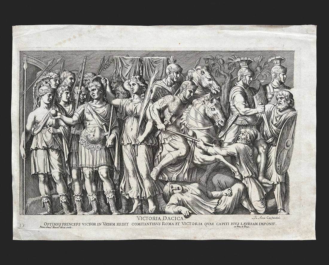 Victory Over The Dacians: Sheet Size: 420 x 296 mm (16.54 x 11.65 in)Plate Size: 380 x 245 mm (14.96 x 9.65 in)PIETRO SANTI BARTOLI ,ITALIAN, PERUGIA 1635 1700 ROME.Vittoria DacicaImage Source: High Reliefs On The Arch Of Cons