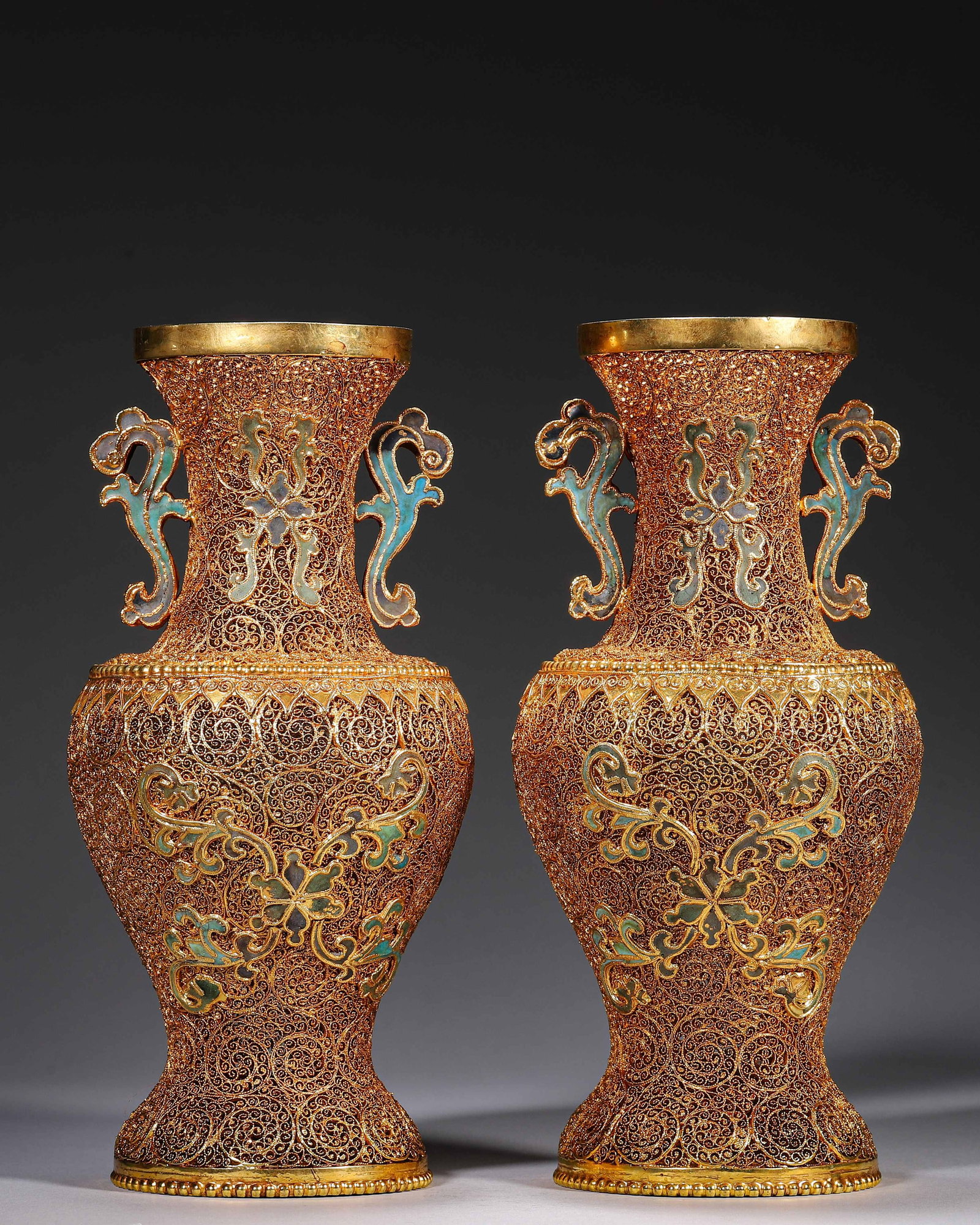 Pair Of Gilt Copper Filigree Enamel Vases, Qianlong Period Qing (1736 1795) (1 of 13)