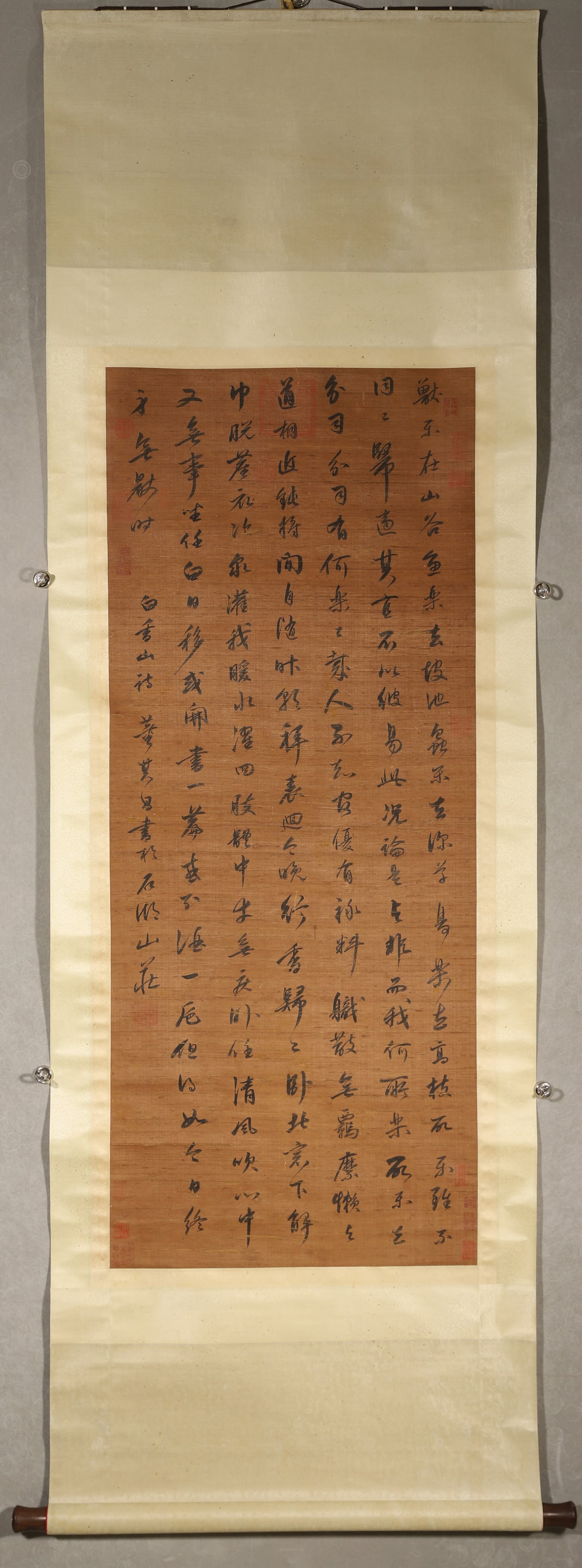 Ming Dynasty, Dong Qichang, Poem By Bai Juyi In Running Script, Vertical Scroll On Silk: H 125cm (49.213 in); W 51cm (20.079 in)Vertical calligraphy scroll by late Ming master Dong Qichang, transcribing a leisure poem by Bai Juyi on aged silk. Brushwork rooted in Wang Xizhi and Mi Fu, lig