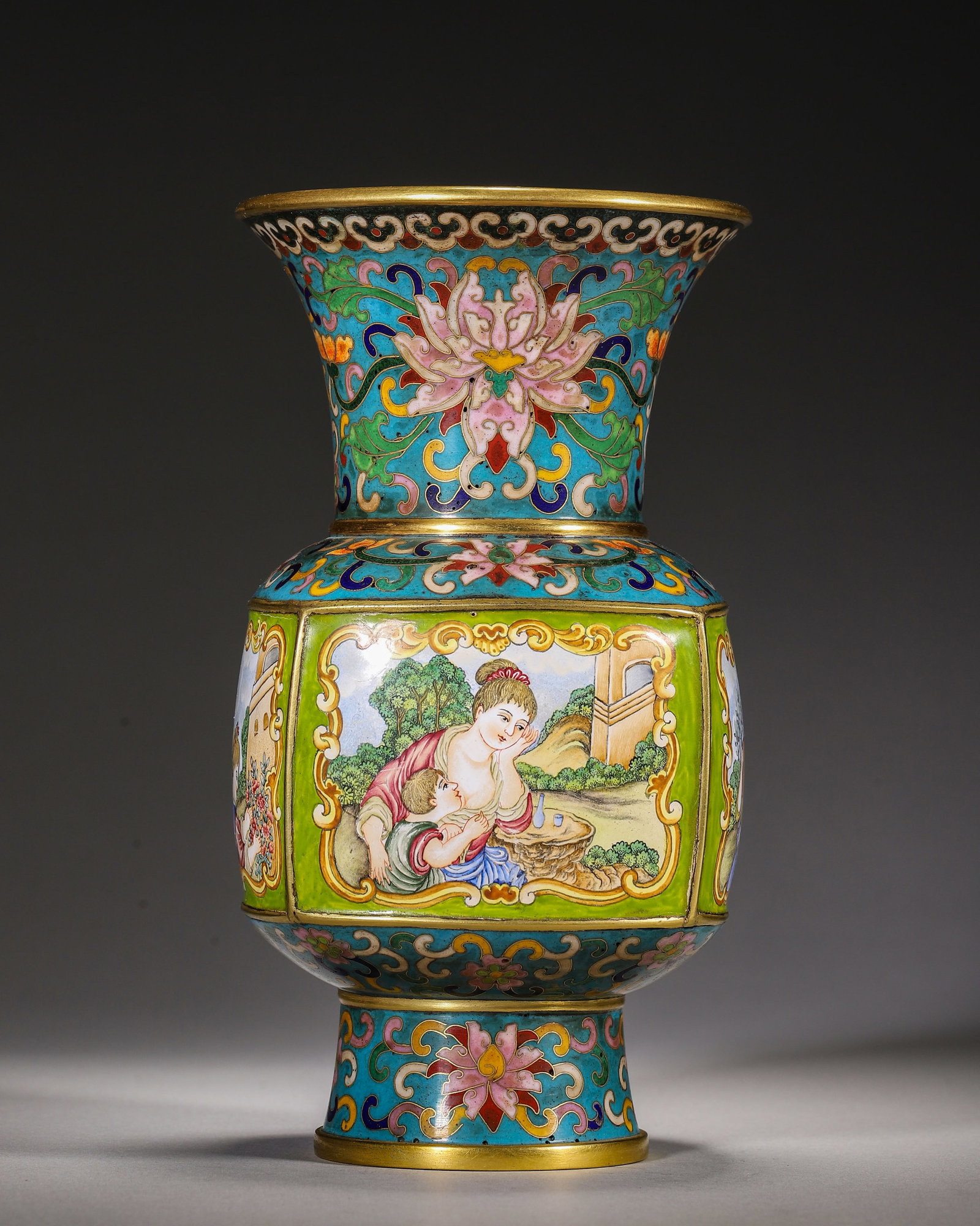 Cloisonne On Copper Gu Shaped Vase With Painted Enamel Western Figure Panels, Kangxi Period, Qing: Wt 714g (1.57 lb); L 10cm (3.94 in); W 10cm (3.94 in); H 18cm (7.087 in)Gilt copper body cloisonne gu form vase. Turquoise ground with scrolling lotus. Four painted enamel panels of western figures wi