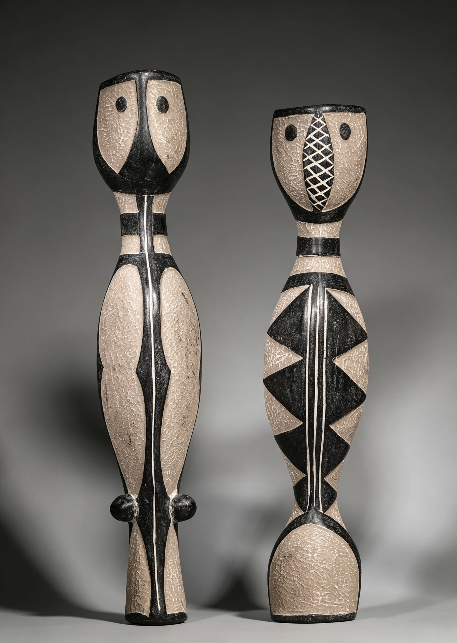 Fire Dance Mask (Pair), Wood, West Africa, Dating To Mid 19Th Century: H 63cm (24.80 in); W 12cm (4.72 in); T 9cm (3.54 in); Wt 678g (1.49 lb) (Male); H 58cm (22.83 in); Wt 494g (1.09 lb) (Female)Paired long form wooden artefacts of the Igbo people of Nigeria date to the