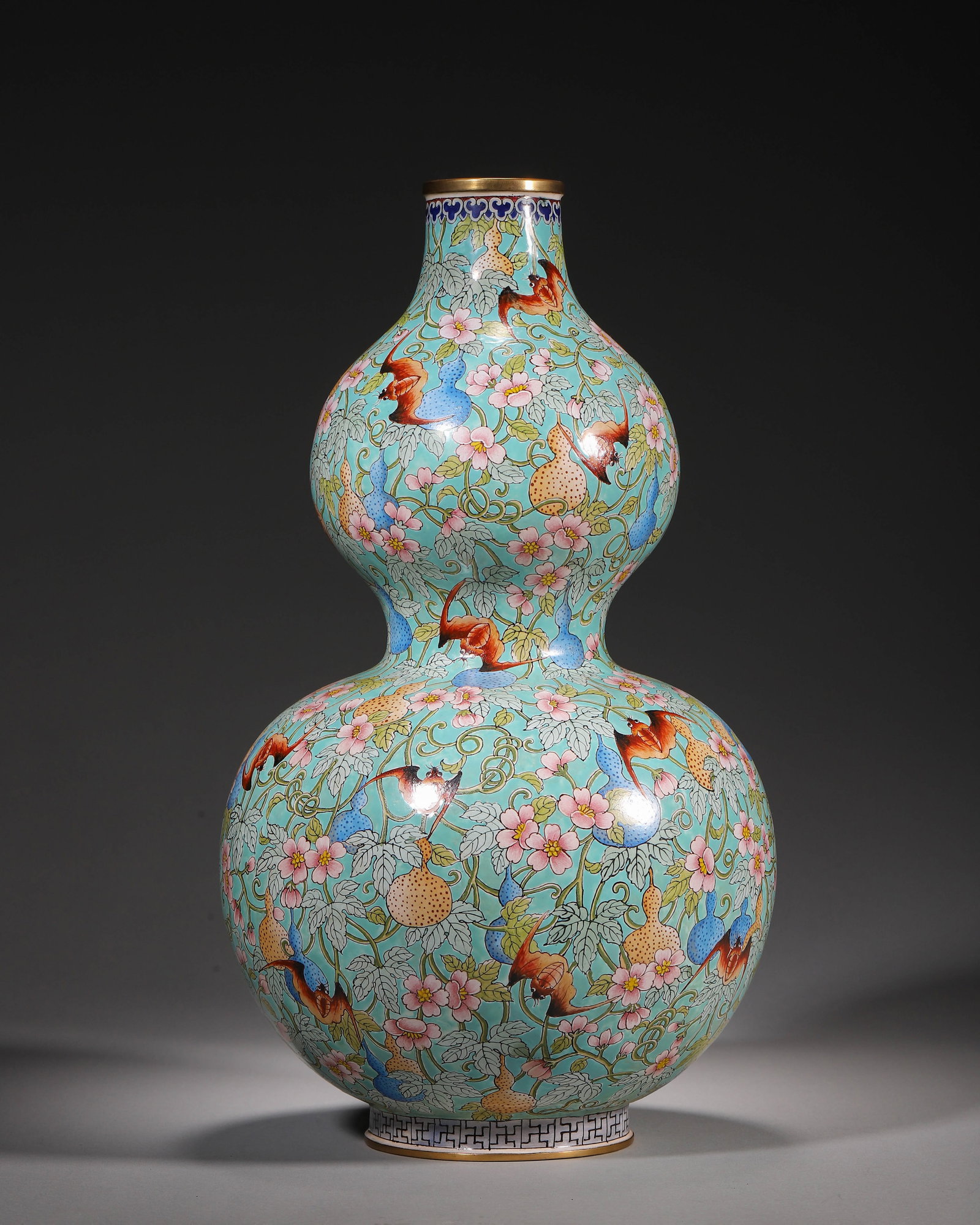 Copper Body Painted Enamel Gourd Shaped Vase With Gourd Bat Intertwining Spray Decoration, Qianlong (1 of 10)