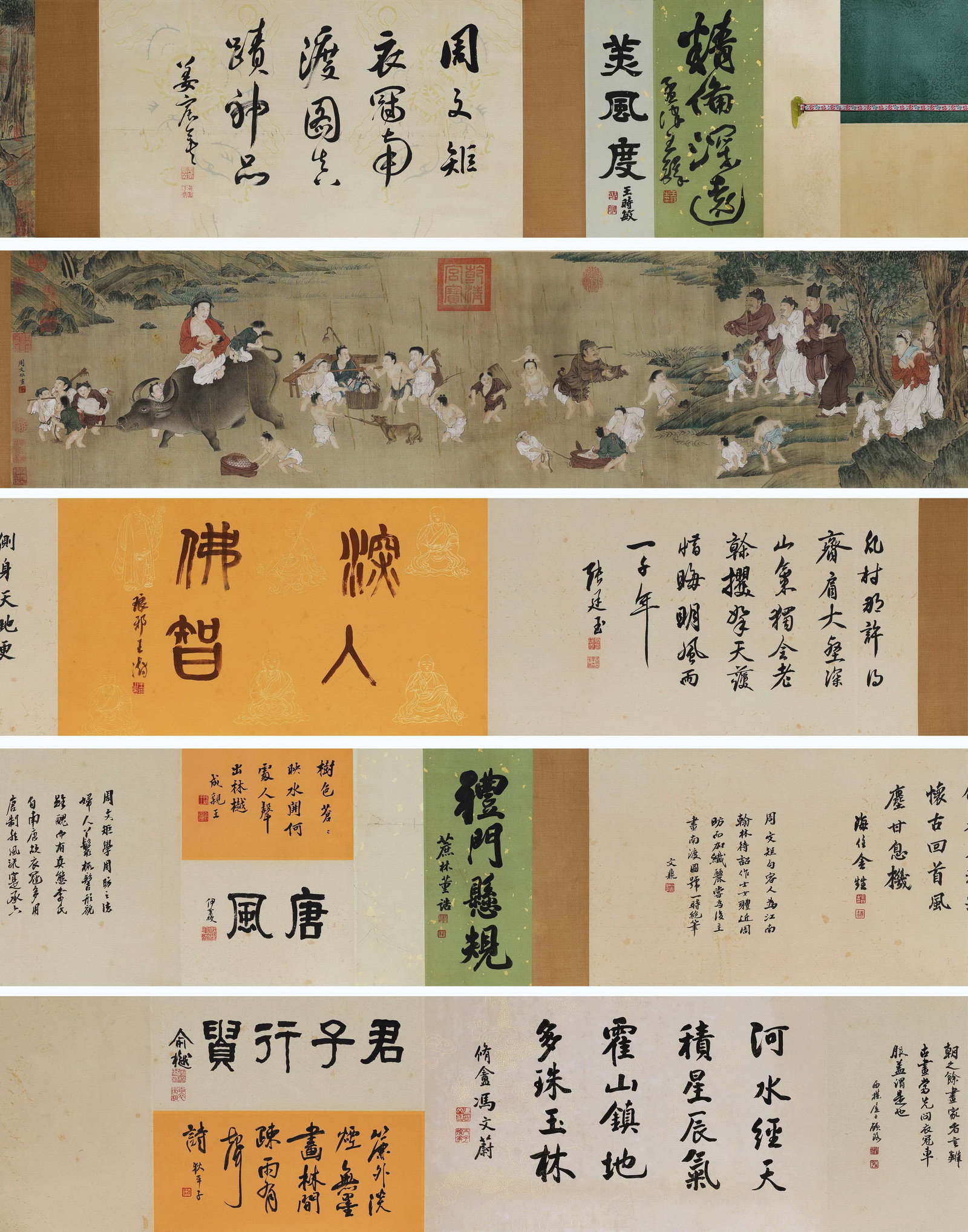 Crossing South With Nobility, Handscroll, Southern Tang Dynasty(937 975): Image L 154cm (60.63 in) Image W 38cm (14.96 in); Overall L approx. 800cm (314.96 in)Silk handscroll with colour, depicting nobility and common folk migrating across river. Numerous figures including 