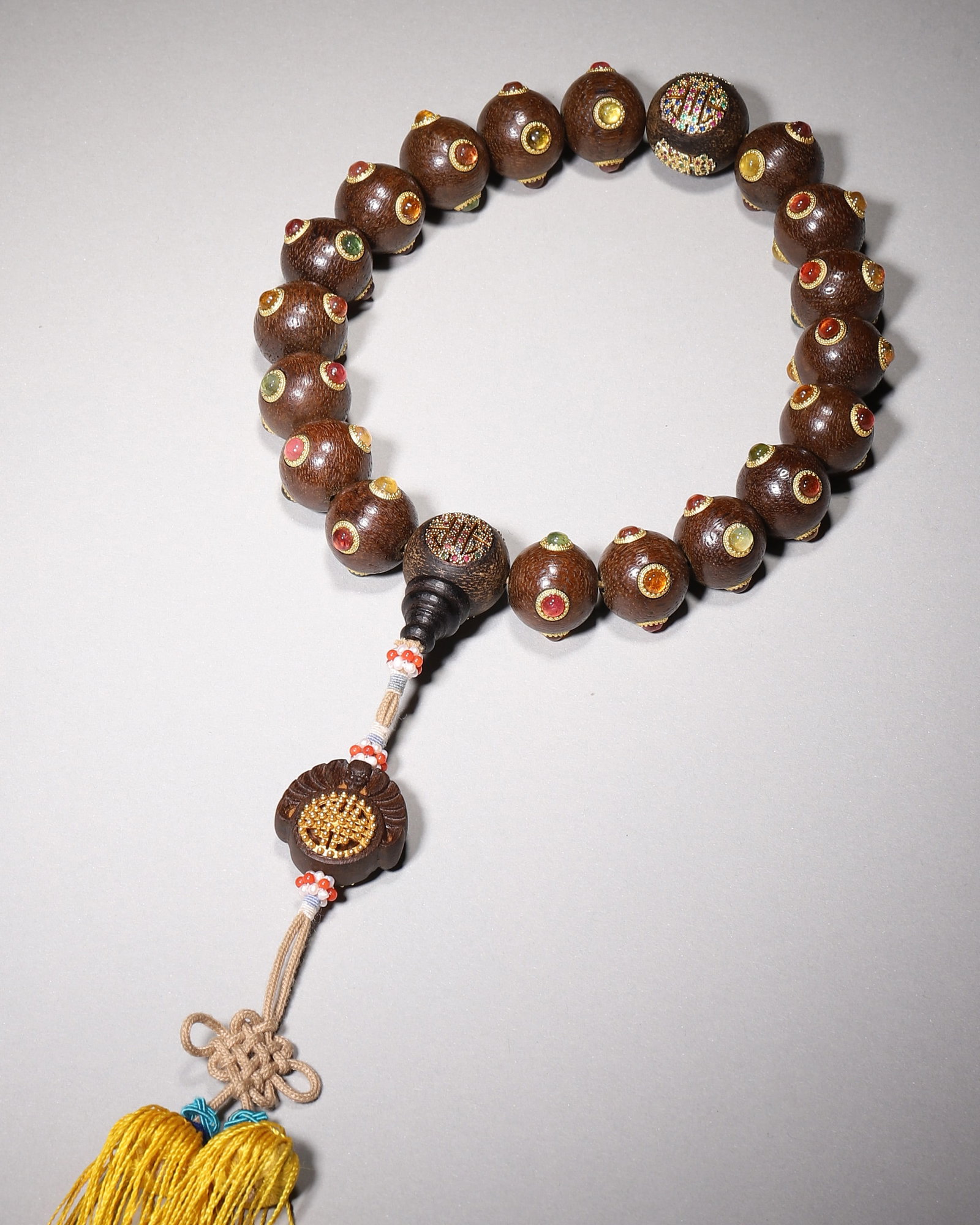 Agarwood Eighteen Bead Prayer Bracelet With Gilt Mounted Gemstone Inlay, Qing Dynasty (1 of 7)