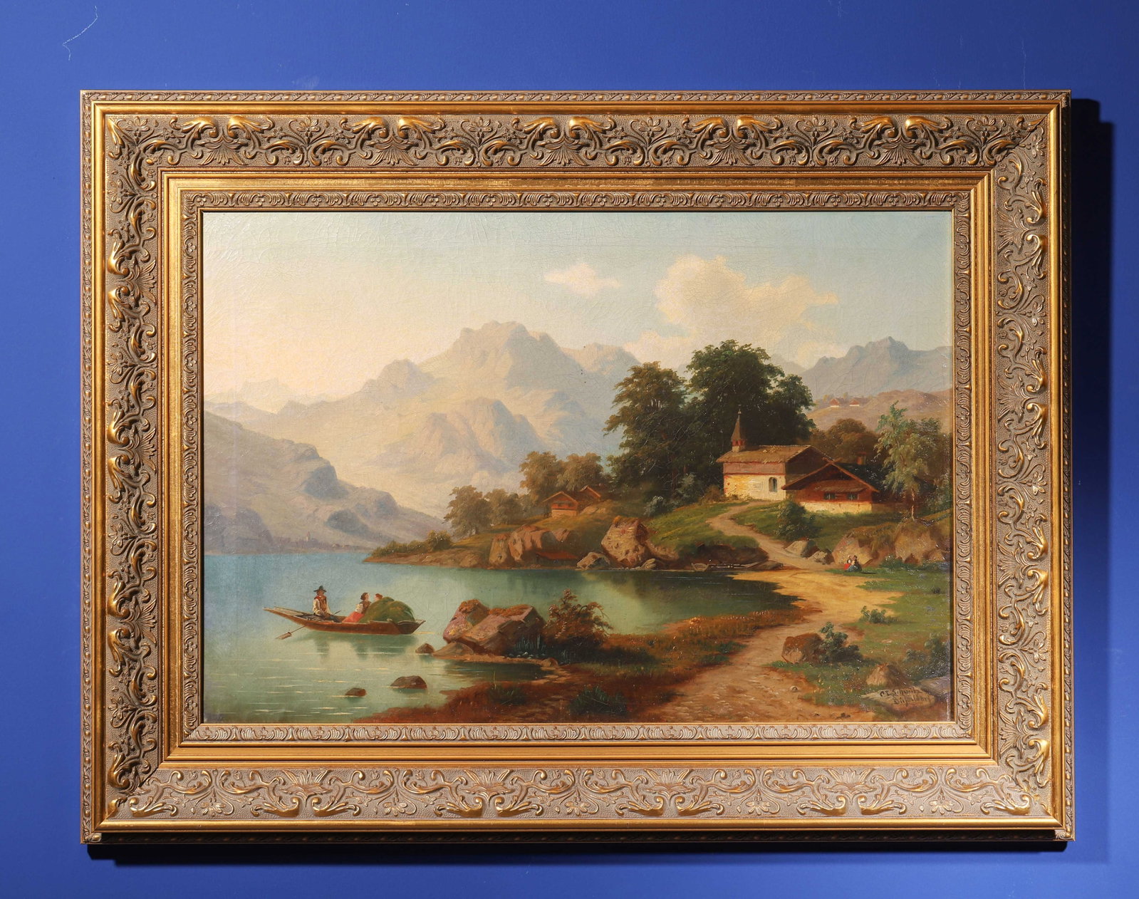 Alpine Landscape, Oil On Canvas, By Carl Ludwig Schmitz (1817 1859), German Late Romantic Painter,: Fr.68x90cm Img.46x68cm (26.77x35.43 in , 2.23x2.95 ft | 18.11x26.77 in , 1.51x2.23 ft)The signature is accompanied by the inscription "Dvsseldorf" below. The artist was a member of the Dvsseldorf Scho