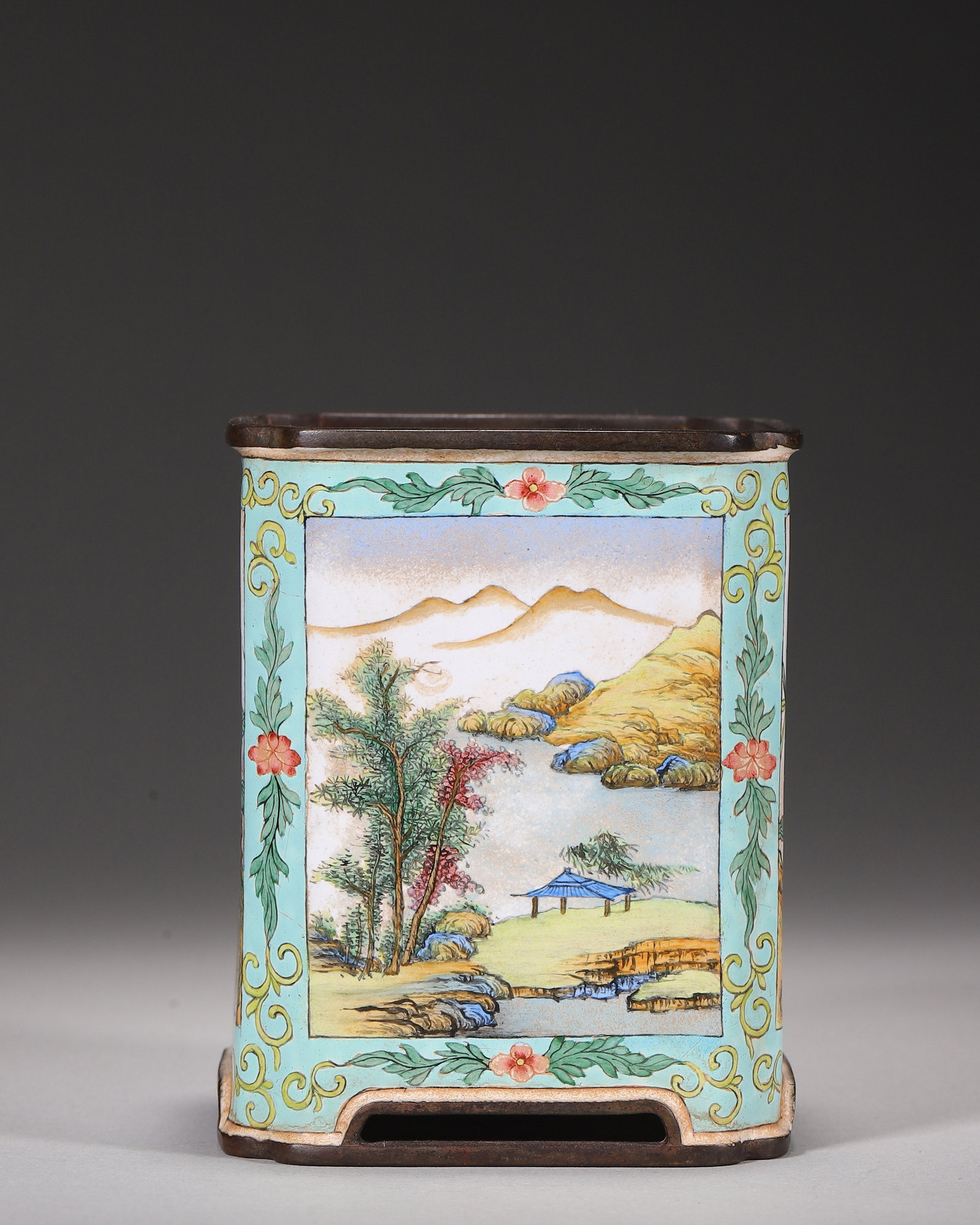 Copper Body Painted Enamel Square Brush Pot With Landscape And Flower And Bird Panels, Qianlong: Wt 306g (0.67 lb); L 7cm (2.76 in); W 7cm (2.76 in); H 9cm (3.54 in)Copper body square brush pot with indented corners. Turquoise green ground with scrolling flowers. Four reserved panels depict lands