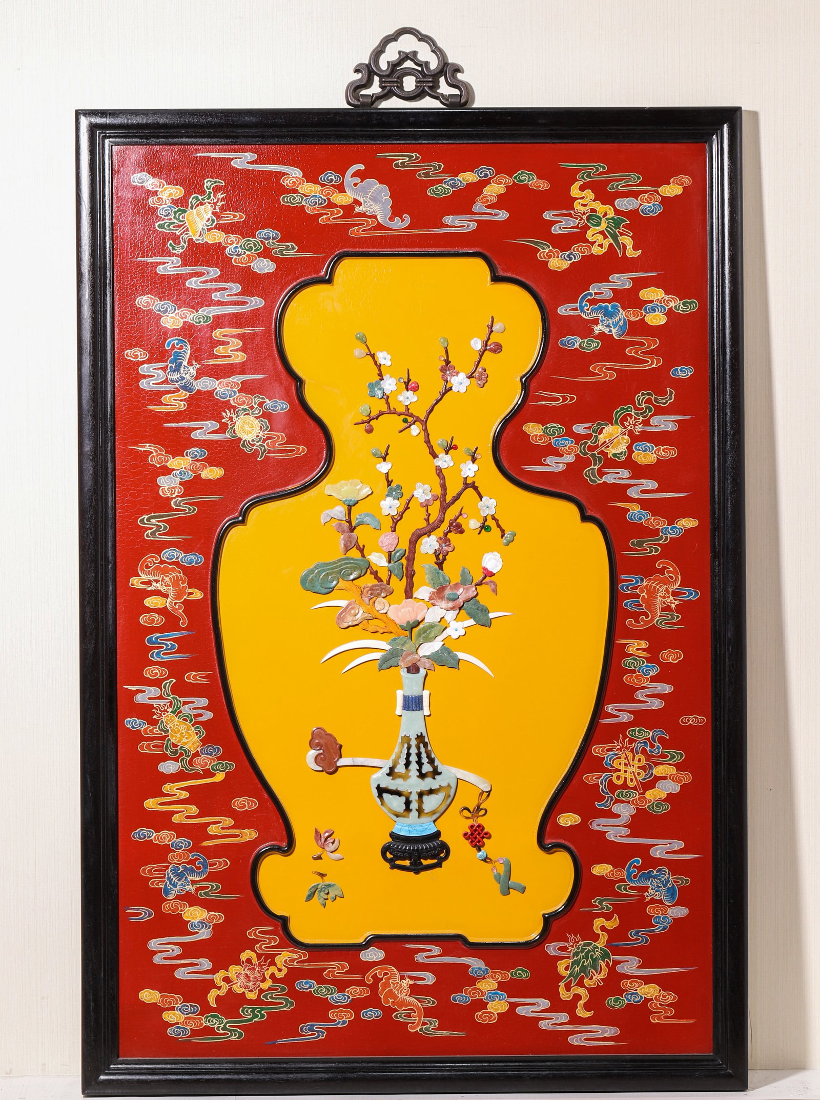 A Red Lacquer Gold Painted Hundred Treasure Inlaid 'Antiquities And Flowers' Hanging Panel, Qing (1 of 8)