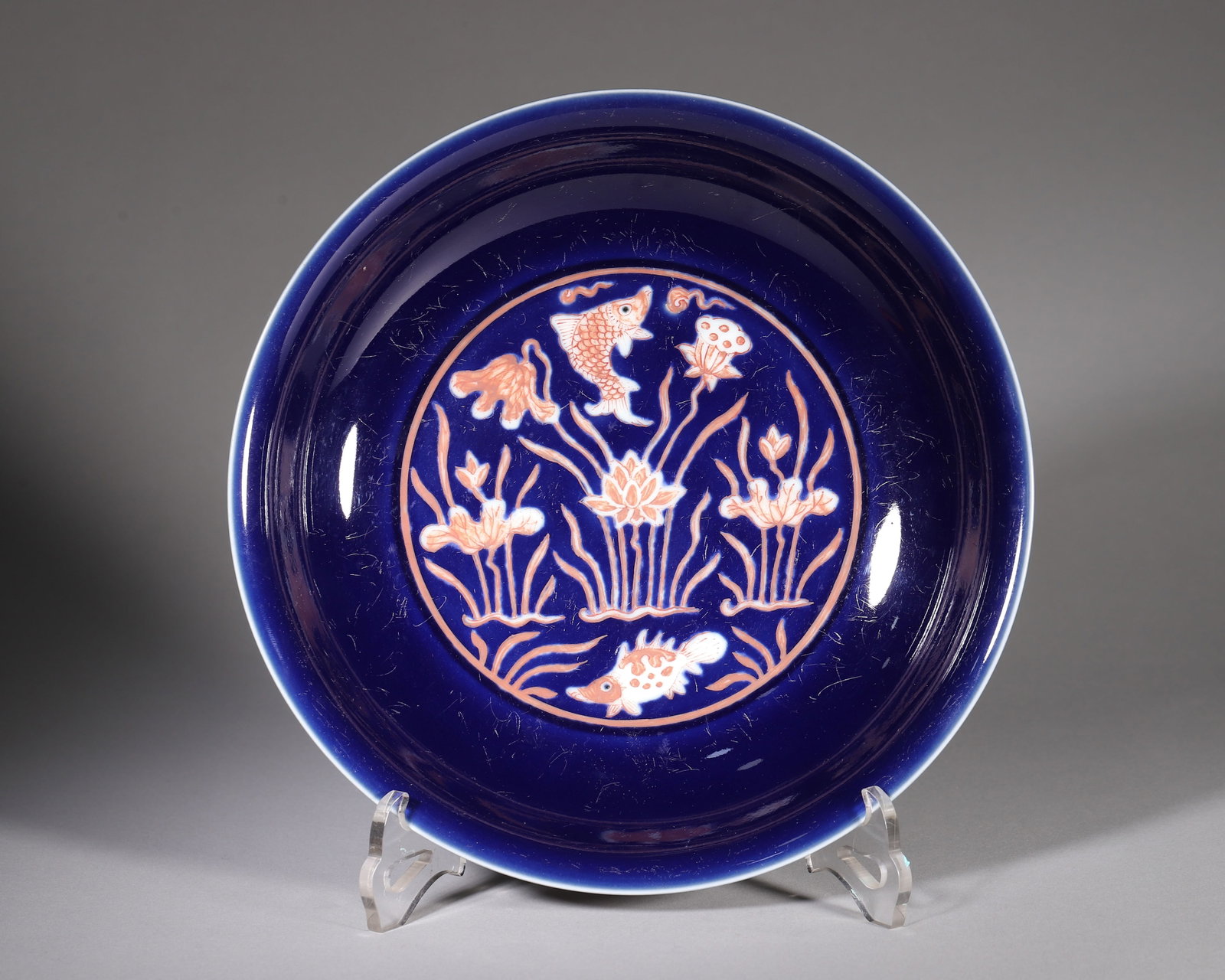 Blueground Dish With Ironred Fish And Aquatic Plants, Xuande Period Ming Dynasty (14261435 Ce) (1 of 8)