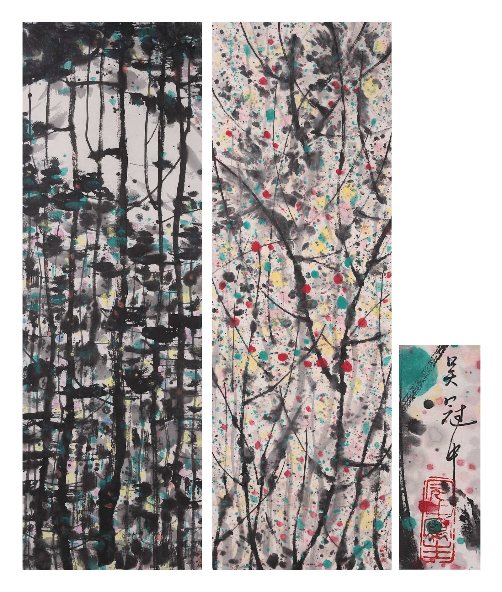Wu Guanzhong (1919-2010, Modern Times), Spring Woods, Pair Of Hanging Scrolls, Ink And Color On: Pair of hanging scrolls, ink and color on paper. One depicts dark-ink forest with sturdy trunks, the other blooming branches dotted with multicolour spots. Signed and sealed, original silk mounting, w