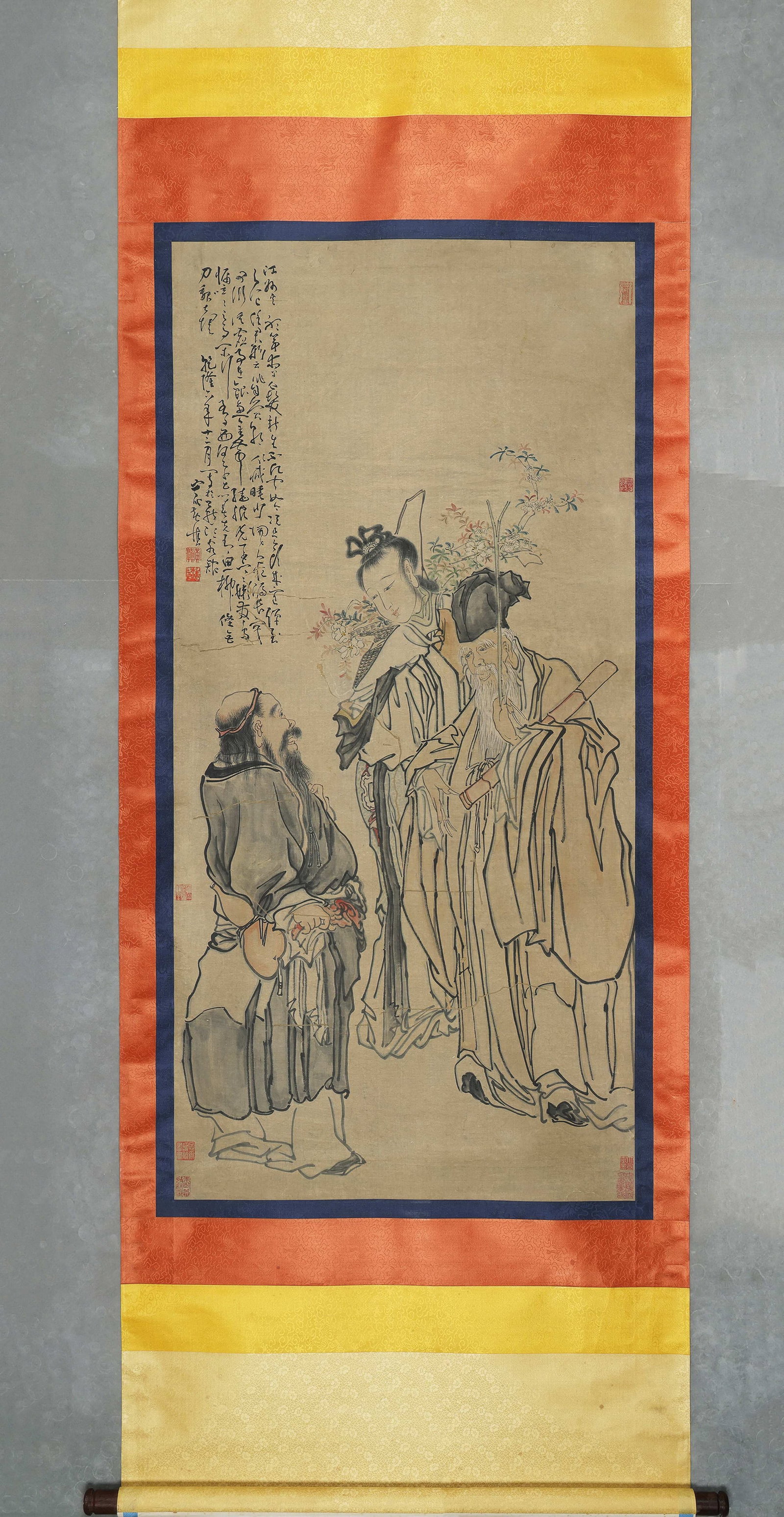 Qing Dynasty, Huang Shen, Figure Narrative Painting, Hanging Scroll, Ink And Colour On Paper: Ink-and-colour on paper hanging scroll depicting three historical figures with dynamic drapery lines. Extensive cursive calligraphy inscription on left, multiple collector and artist seals. Original t