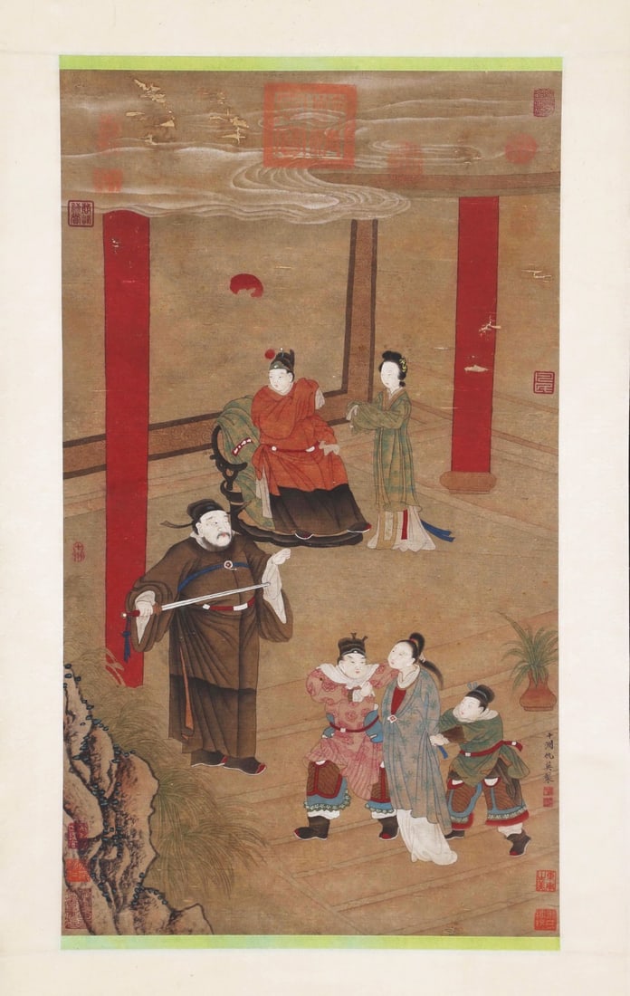 Ming Dynasty, Qiu Ying, Narrative-Figure Painting, Hanging Scroll, Colour On Silk: Colour-on-silk hanging scroll depicting narrative scene within palace hall. Figures rendered with rich costume colours and subtle facial expressions. Inscribed "Shizhou Qiu Ying zhi" and sealed at rig