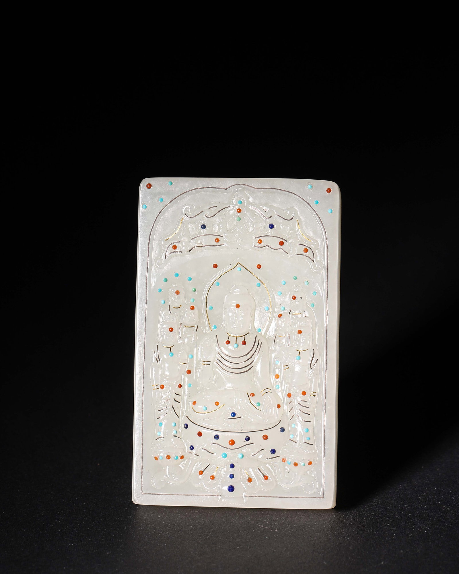 Qing Dynasty, Hetian White Jade Plaque With One Buddha And Four Disciples, Gold And Gem Inlay (1 of 7)