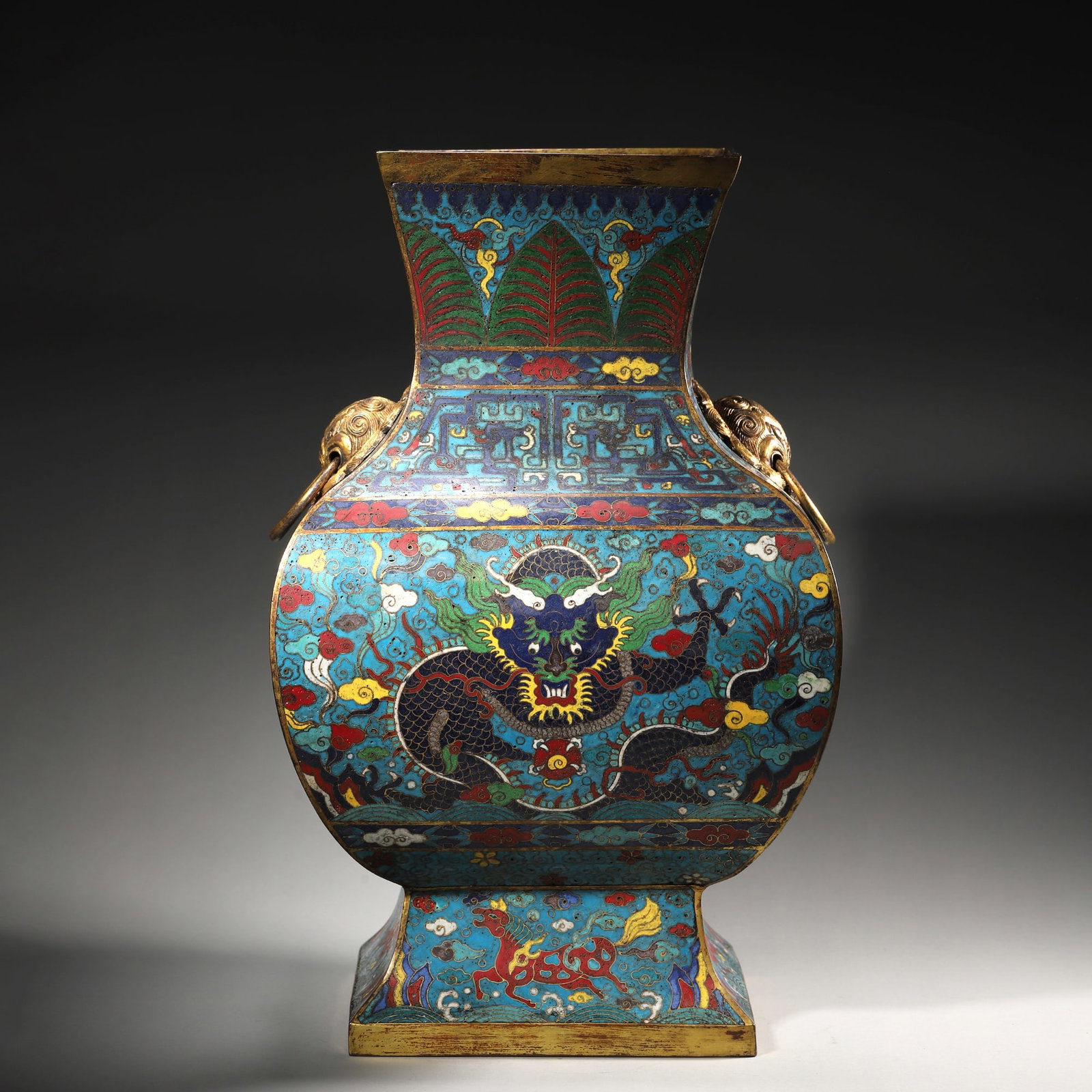 Qing Dynasty, Cloisonne Enamel Square Hu Vase With Dragon-Phoenix Motifs (1 of 9)