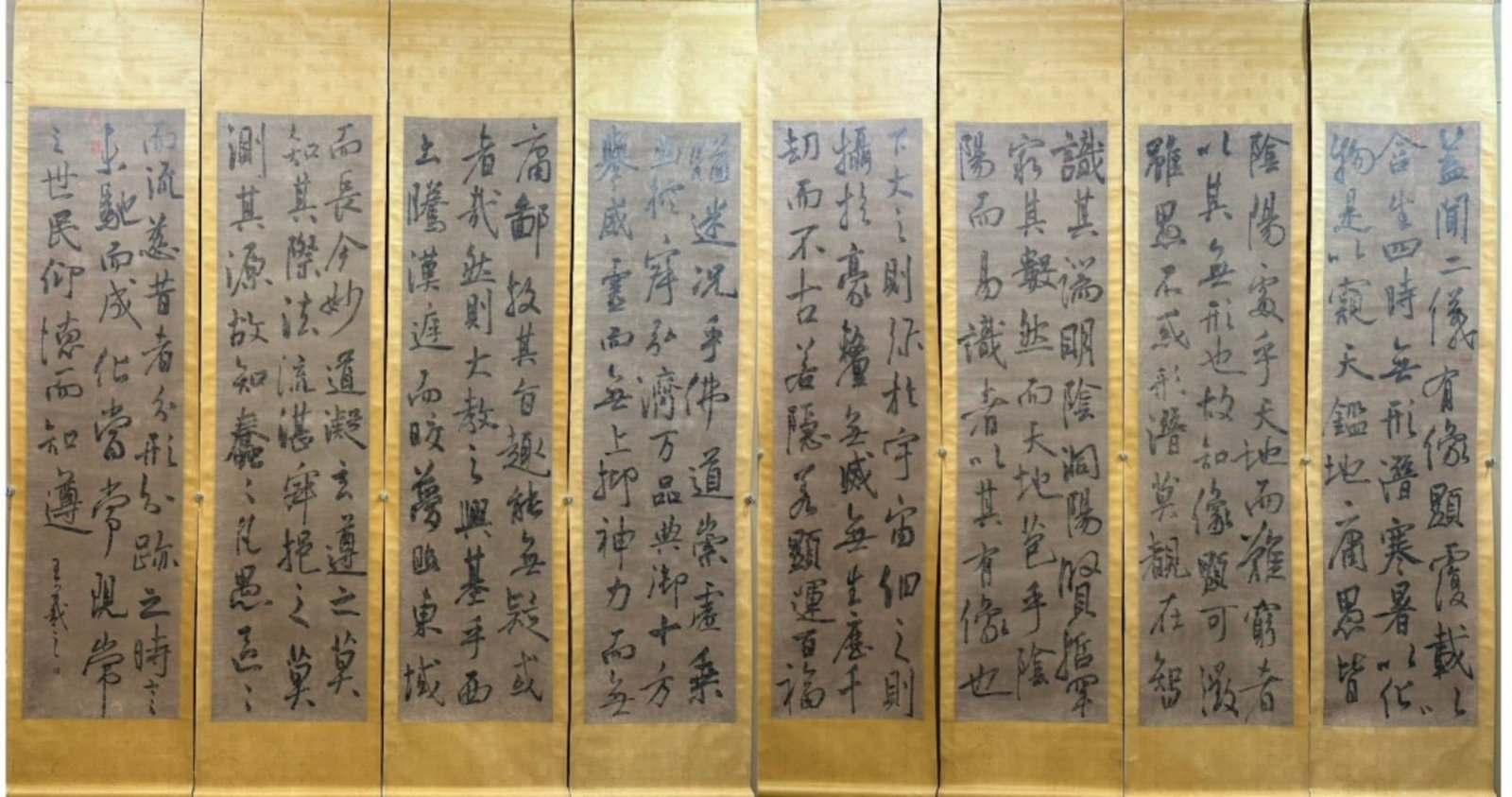 Jin Dynasty, Wang Xizhi Cursive-Script Calligraphy, Set Of Eight Paper Panels, Sheng Jiao Xu: Set of eight paper panels in cursive script, excerpted from Sheng Jiao Xu. Fluent and vigorous brushwork, original antique brocade mounting, numerous collector seals.Painting: L46cm (18.11 in); W179cm