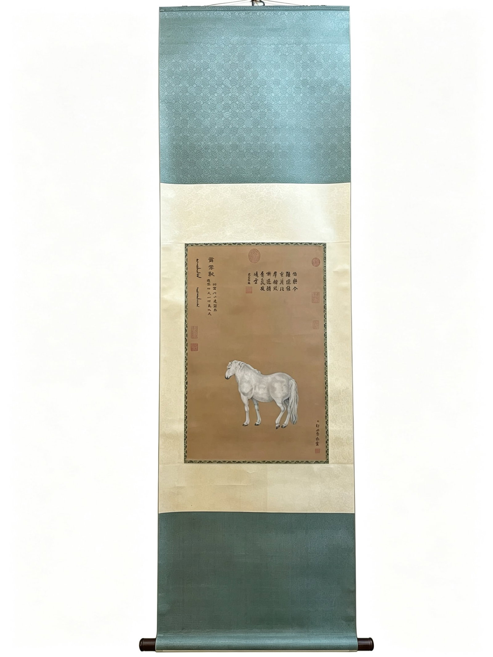 Qing Dynasty, Castiglione, Niyun Shi, Hanging Scroll, Ink And Colour On Silk: A hanging scroll for interior display. Depicts the tribute horse Niyun Shi with Sino-western painting style. Features Qianlong imperial poem, Manchu-Chinese inscriptions, multiple seals and artist??s 