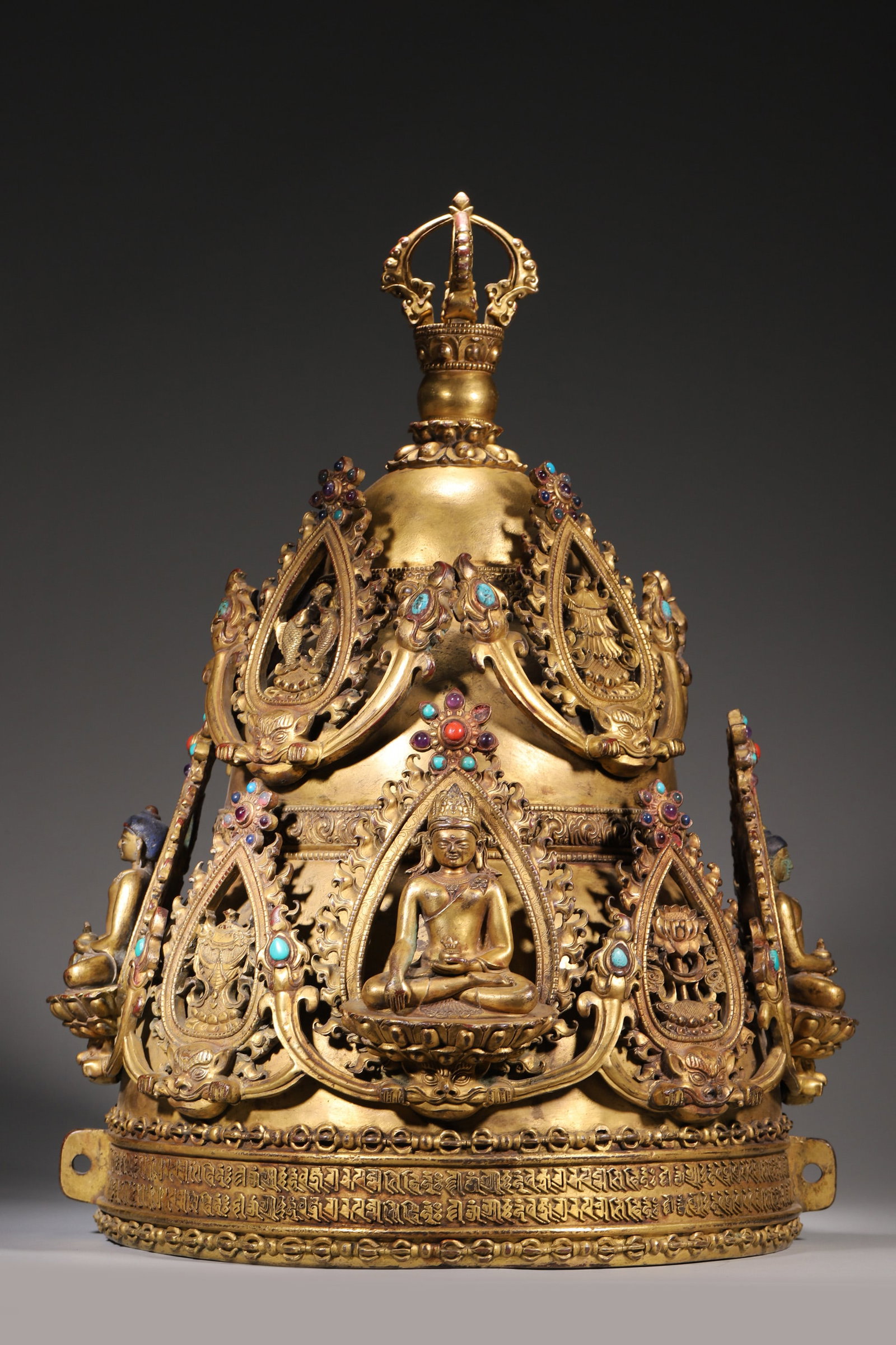 A Gilt Bronze Gem-Inlaid Tibetan Buddhist Ritual Crown - Qing Dynasty (1 of 13)