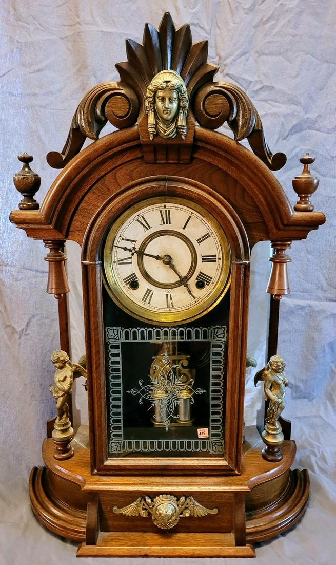 Sessions Victorian Mantle Clock w. Queen Ann Carved: Sessions Victorian Mantle Clock w. Queen Ann Carved Head - 24" tall