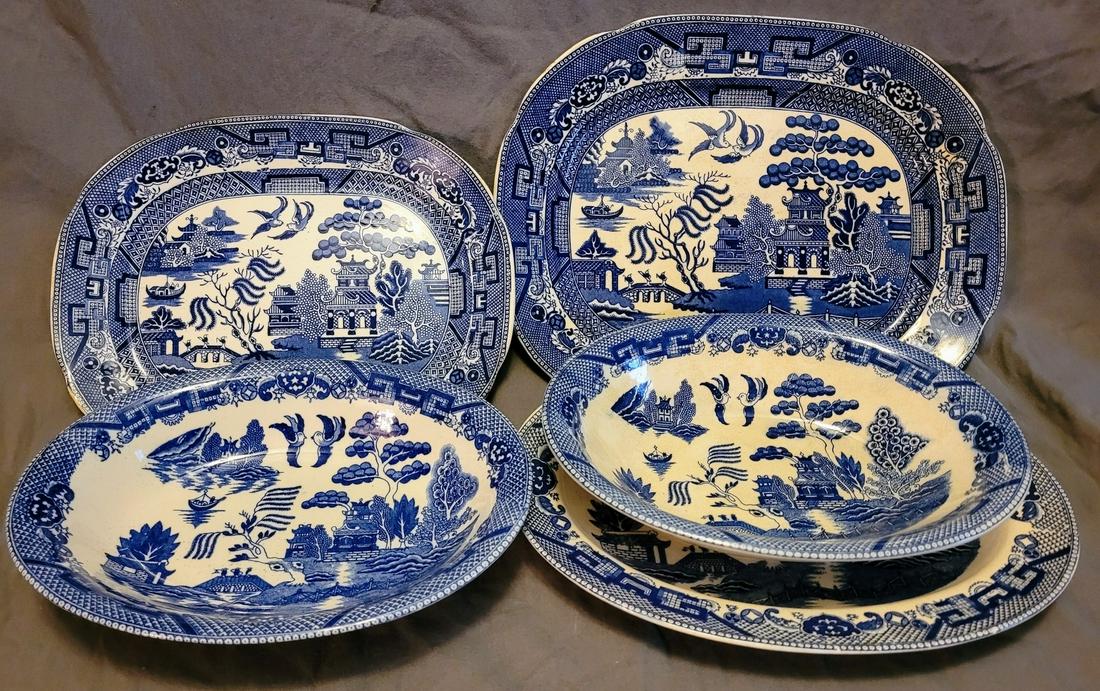 (5) Larger Pcs. Blue Willow Incl. Scarce Platters - 14" (1 of 1)