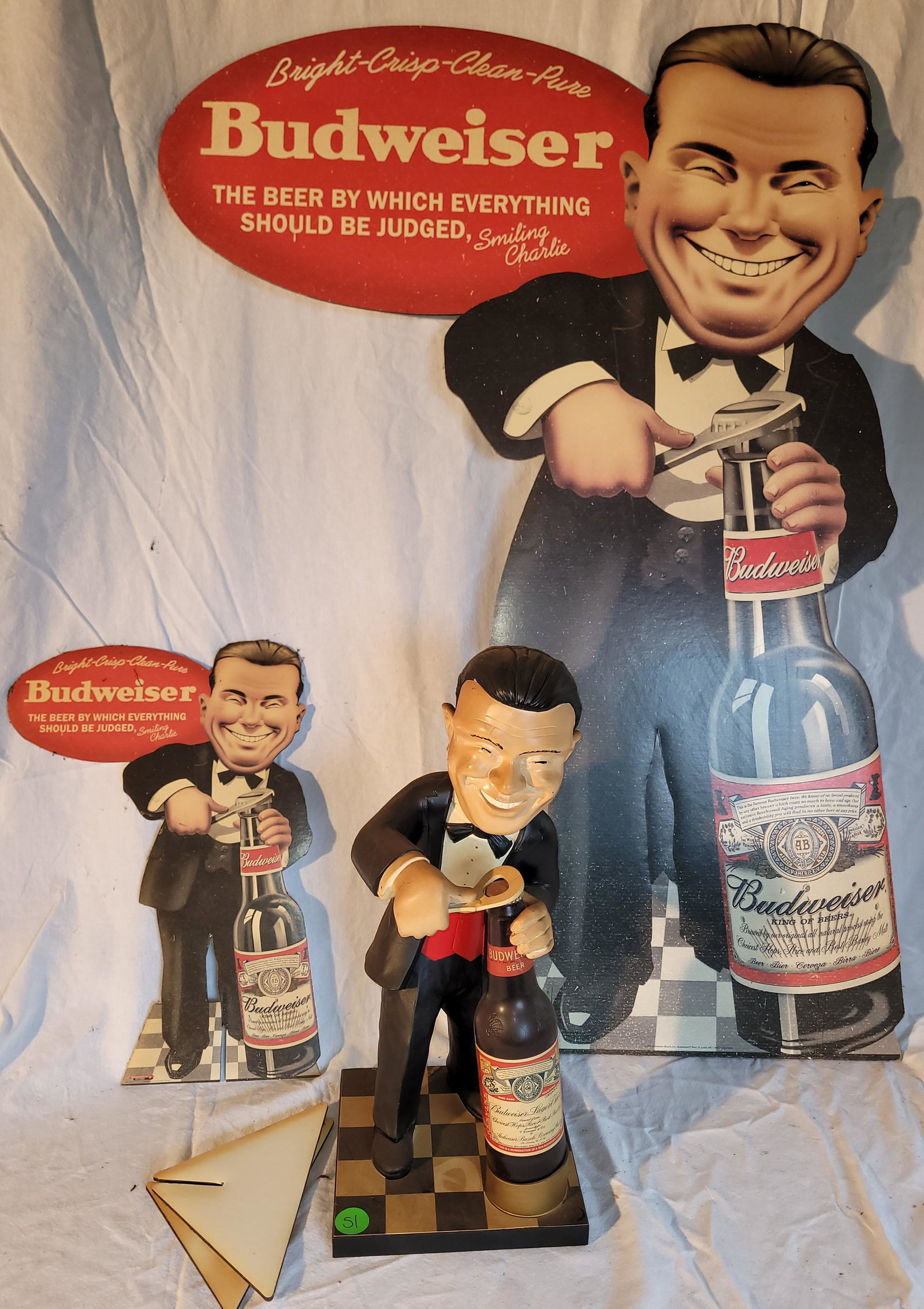 3pcs -  VINTAGE SMILING CHARLIE BUDWEISER RETRO BOTTLE DISPLAY FIGURE and vintage 2 pieces die-cut (1 of 4)