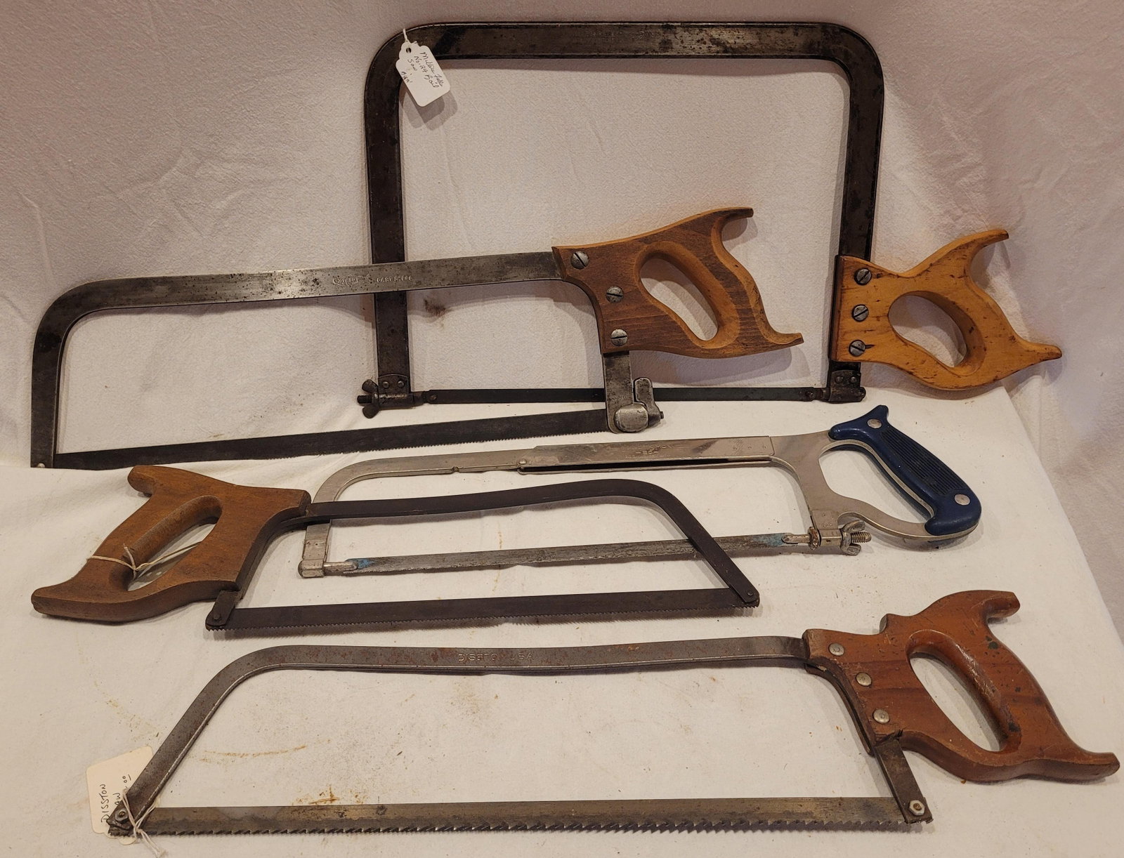 (5) Meat and Mitre Saws-Trout, Atkins, Miller's Falls No.24: see title and pictures