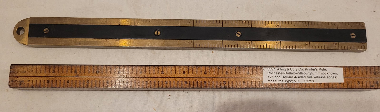 (2) RULES - RABONE Ullage Rule Bronze and Rosewood Ruler; Alling & Cory Printer's Rule: see title and pictures