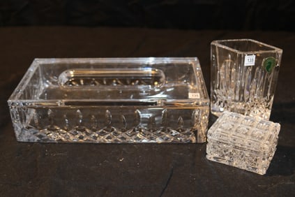 Waterford Crytal - Lismore Tissue Box, Lismore 4" Toothbrush Holder, 2002 W.S. Enrollment Box