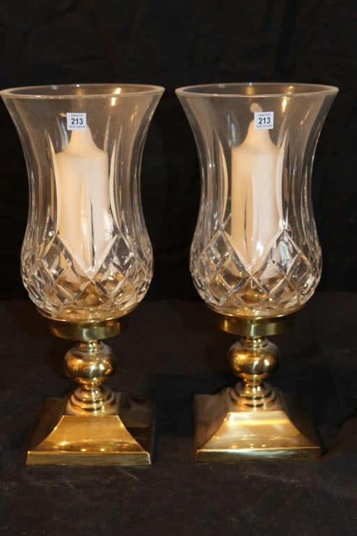 Waterford Crystal - Pair Lismore Hurricanes w. Brass Bases (1 of 3)