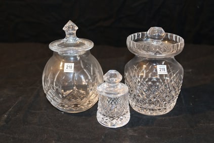 Waterford Crystal - Lismore Honey Pot w. Lid, Mustard Pot and Lid, Early Honey Pot