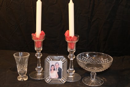 Waterford Crystal - 8" Candlestick Boxed Pair, Makefield 2"x3" Picture Frame, Lismore 4-1/2" Vase,
