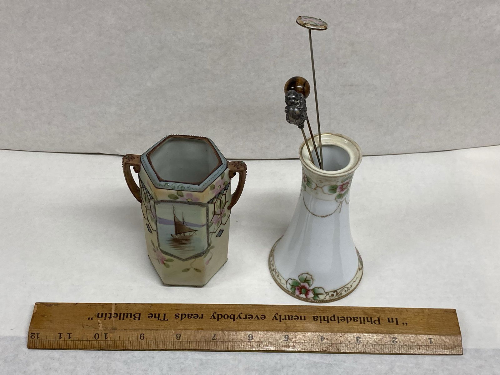 Nippon hand painted hat pin holders with three hair/hat (1 of 8)