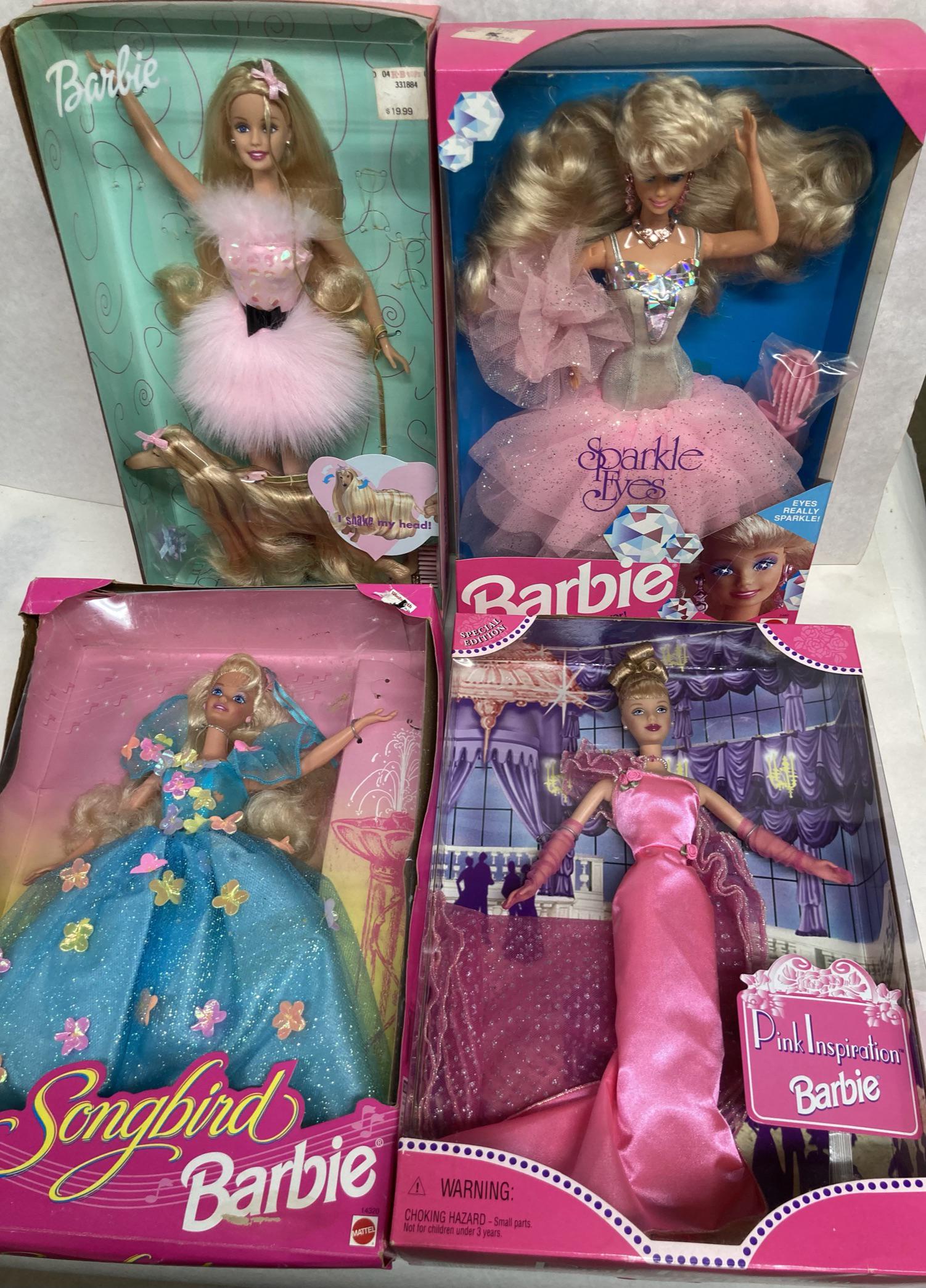 Barbie Lot: Sparkle Eyes, Glam N Groom, Songbird, and Pink Inspiration Barbie: Barbie Lot: Barbie Sparkle Eyes, Glam N Groom Barbie, Songbird Barbie, Pink Inspiration Barbie