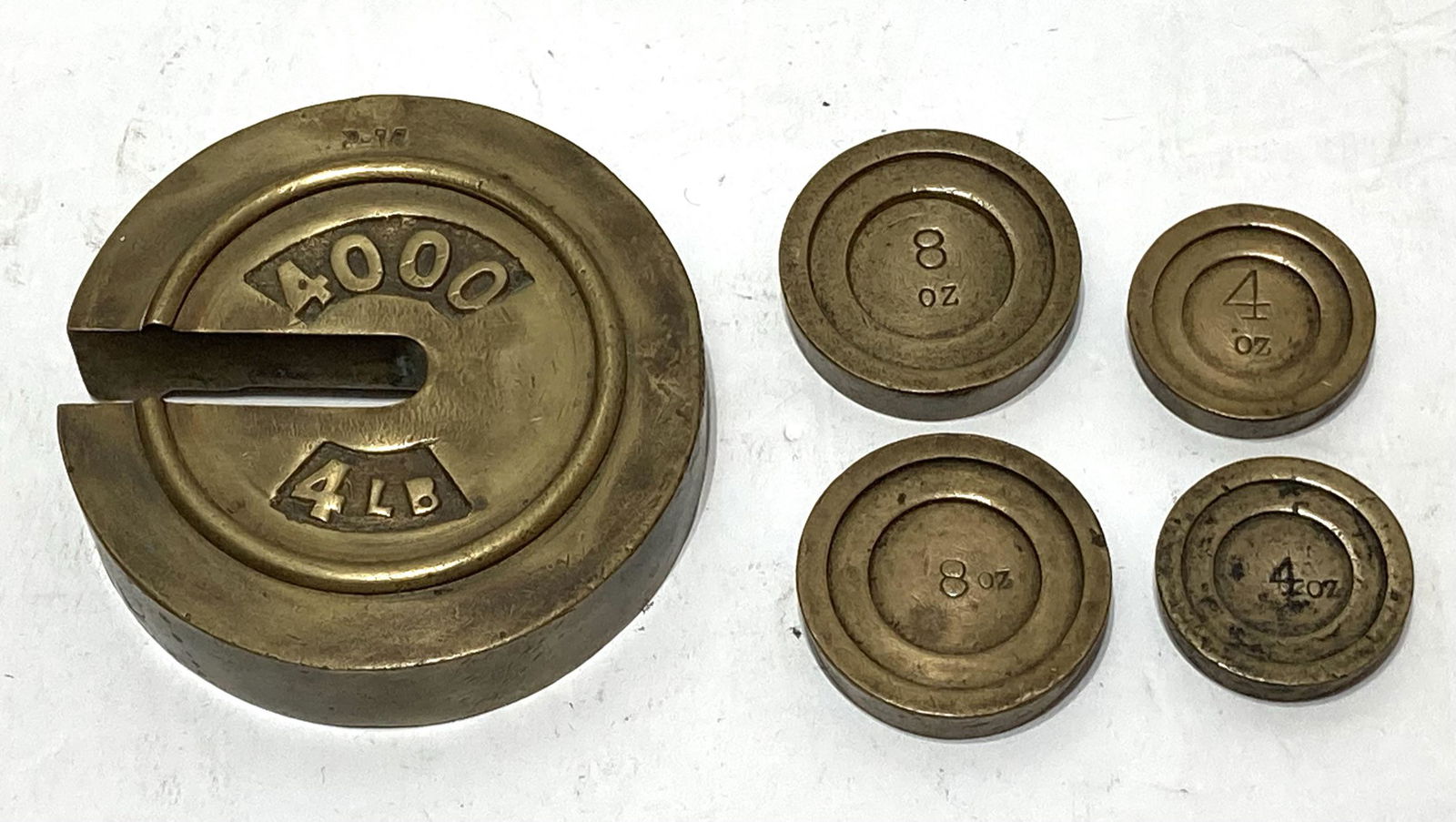 Five Brass Scale Weights 4Lb, 8oz, 4oz (1 of 4)