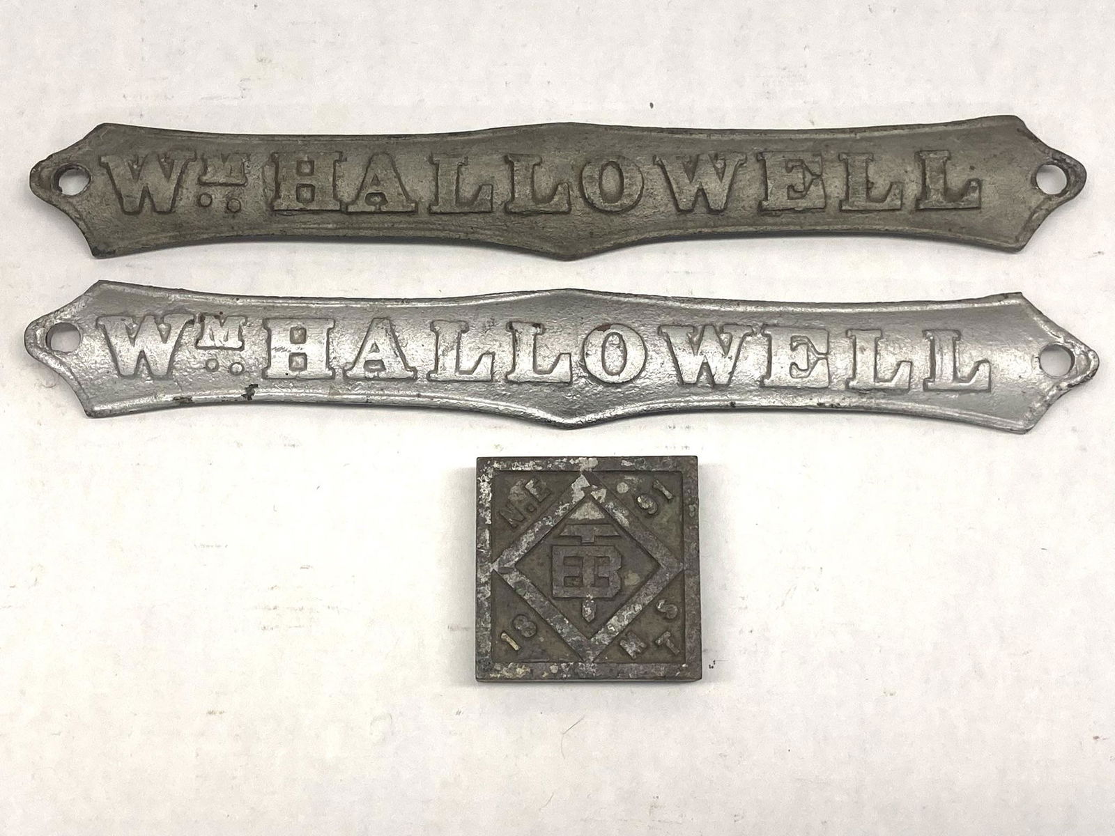 Lot of Metal items including sign/plaque WM HALLOWELL and 1891 ETB: Lot of Metal items including sign/plaque WM HALLOWELL and 1891 ETB