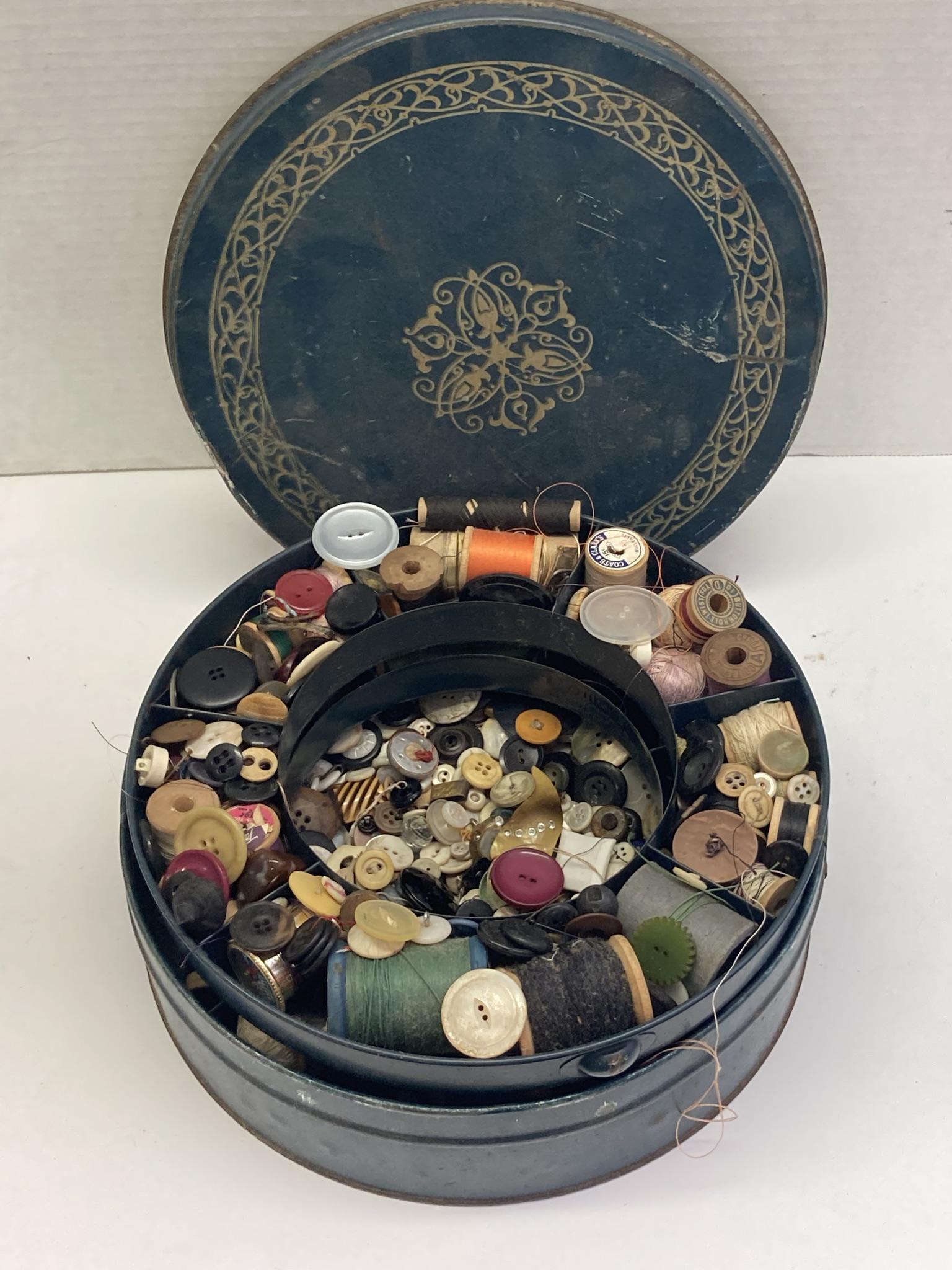 Vintage Domarr sewing tin with buttons and wooden thread spools (1 of 6)
