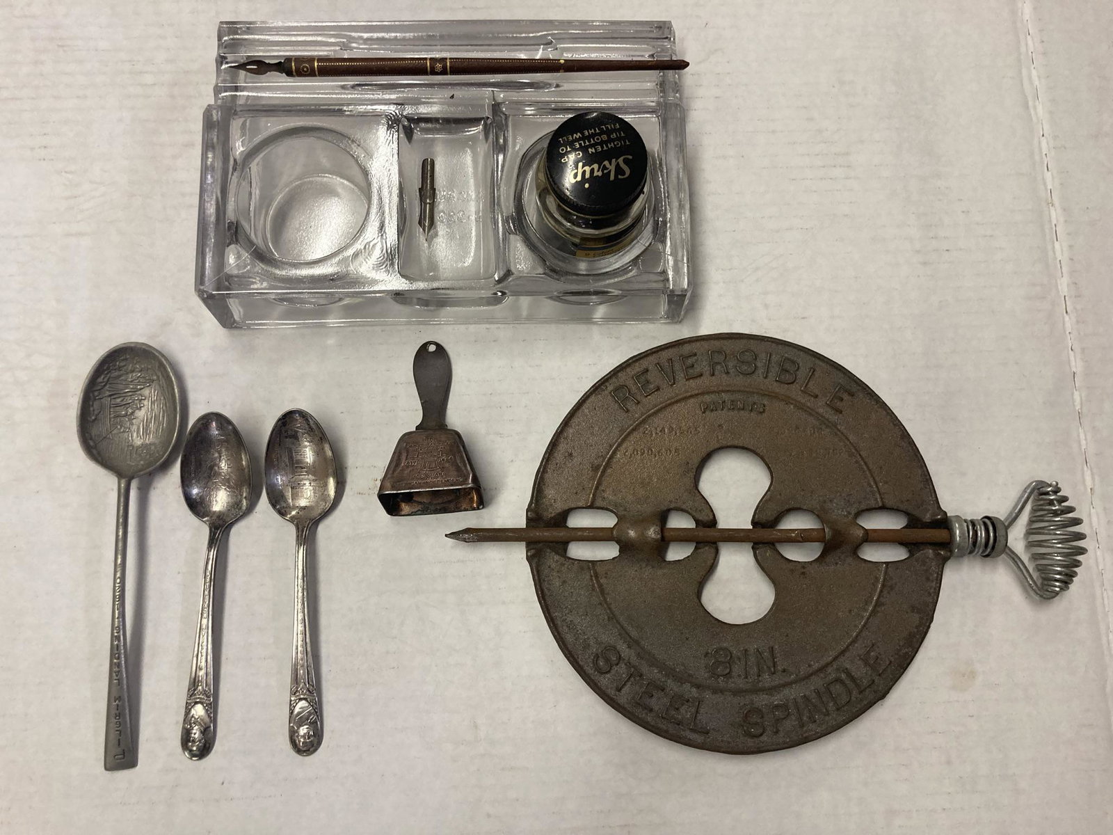 Lot of 3 Spoons, 1 Bell, Sengbush No. 320 double  inkwell & Griswold Stove Pipe Draft Reversible (1 of 20)