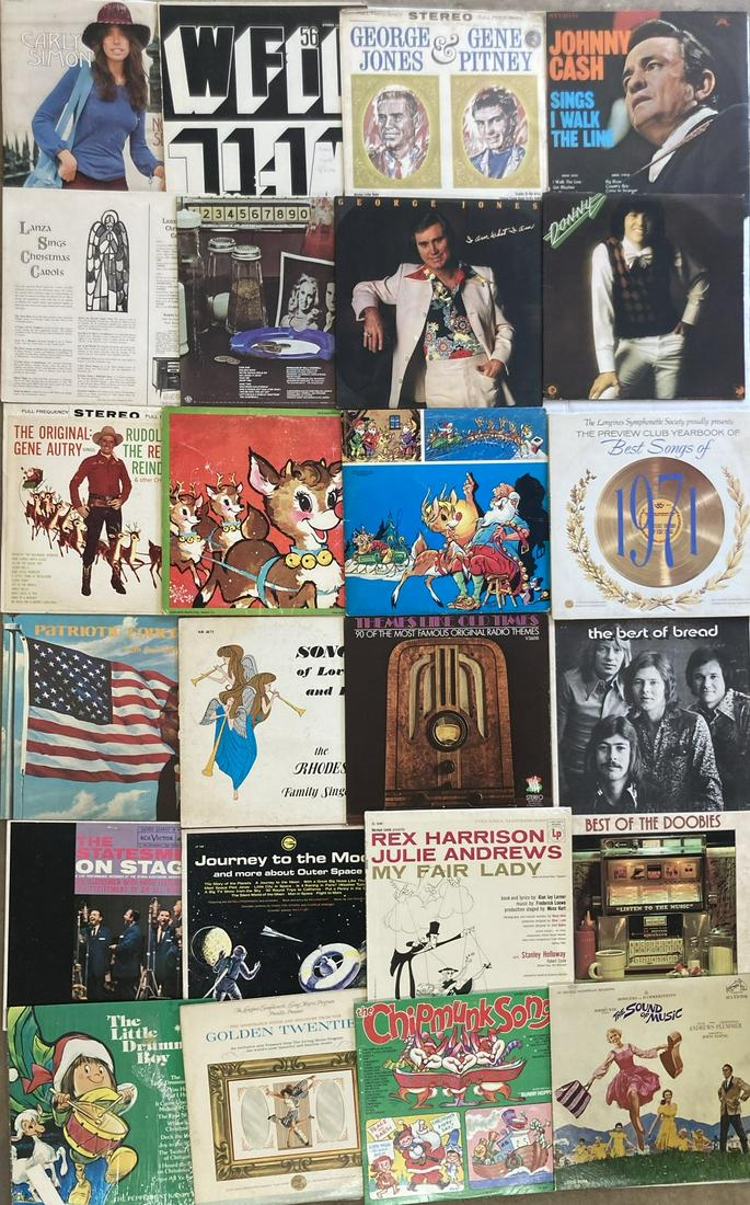 Lot of 24 Vintage Vinyl Records including Holiday. Sound of Music, and Jonny Cash (1 of 4)