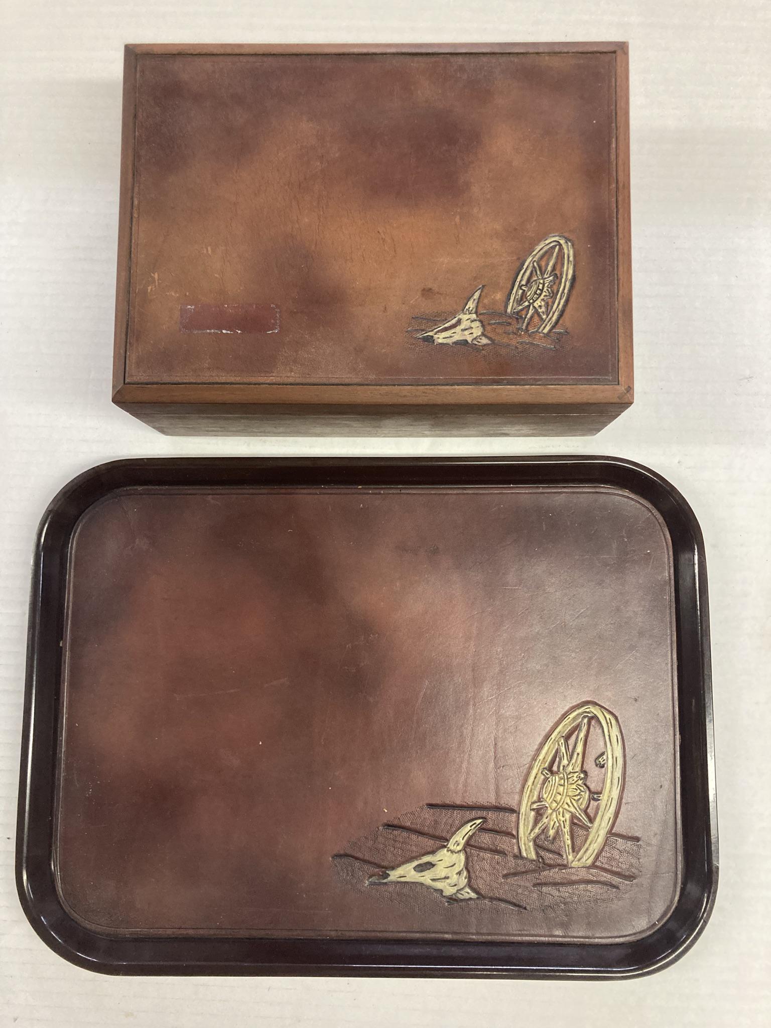 Vintage Bolta Western Leather Tray and Leather and Wooden Box: Vintage Bolta Western Leather Tray and Leather and Wooden Box