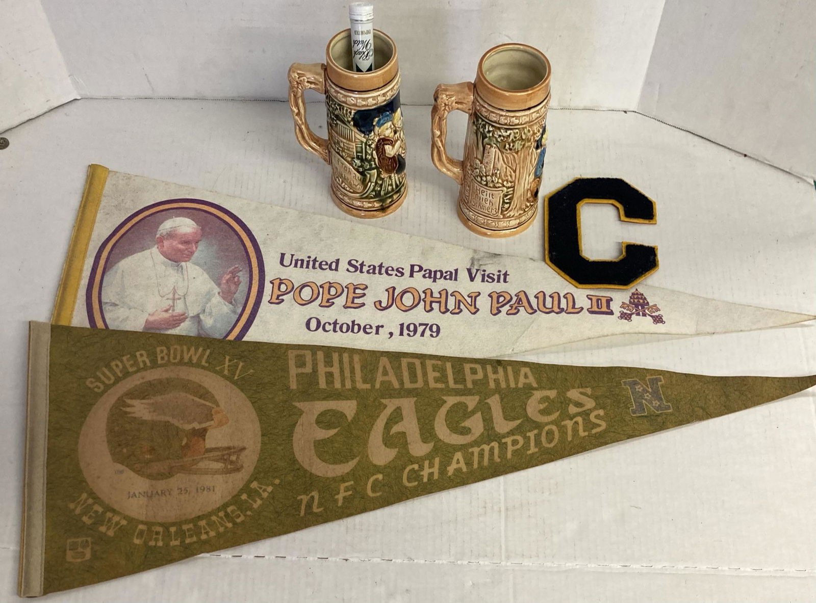 Vintage Philadelphia Eagles 1981 Super Bowl Flag, Pope John Paul Flag, Beer Steins, Patch and Cigar (1 of 7)