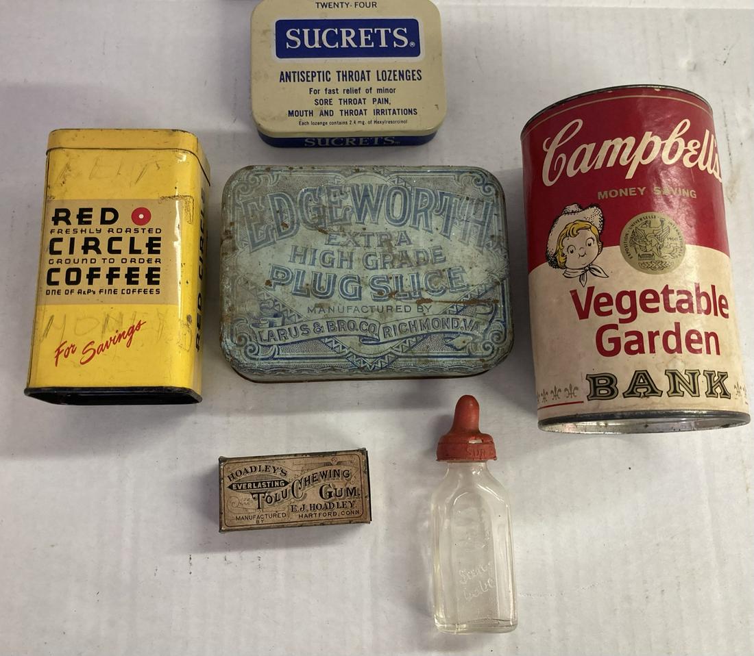 Lot of Vintage Advertising Tins; Campbells, Red Circle Coffee, Hoadleys Tolu Chewing Gum, Edgeworth: Lot of Vintage Advertising Tins; Campbells, Red Circle Coffee, Hoadleys Tolu Chewing Gum, Edgeworth Plug Slice, Sucrets, and Glass Bottle Sun Babe