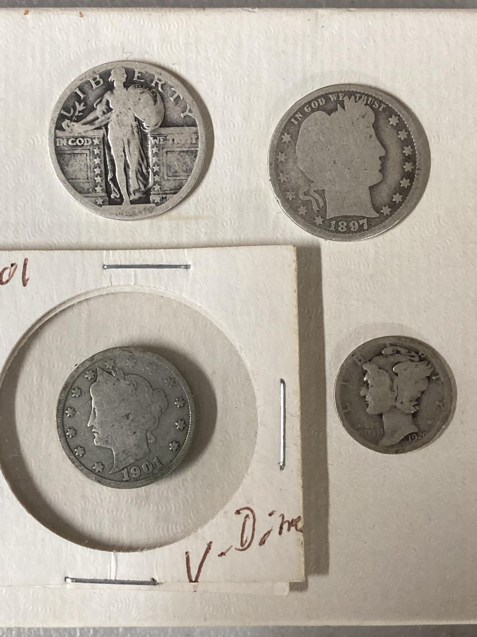 1901 Good Liberty V Nickel, Standing Liberty Silver Quarter, 1897 Barber Silver Quarter, 1920 Silver (1 of 12)